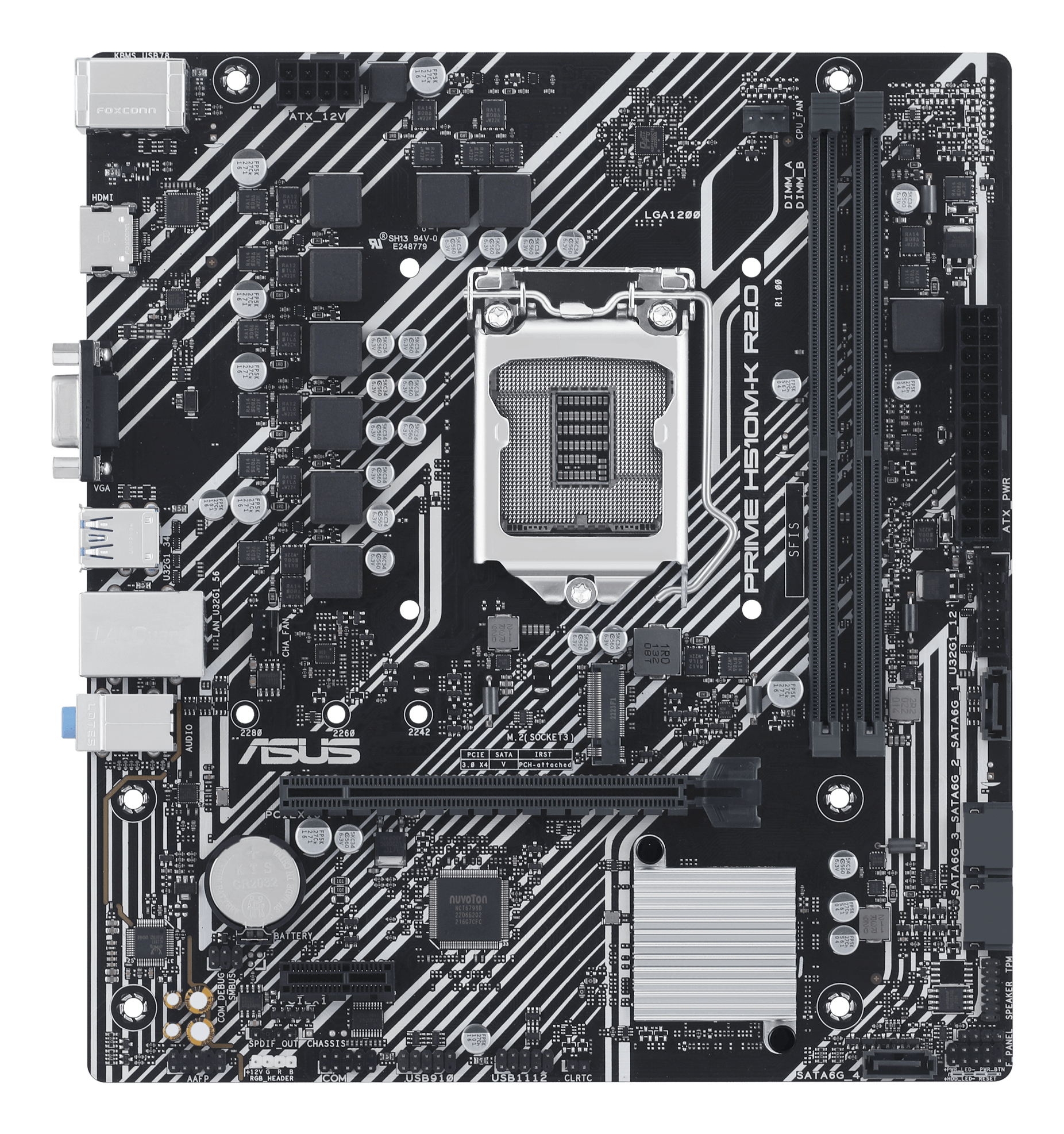 Una scheda madre nera con vari componenti, tra cui un socket CPU, slot RAM e slot di espansione, e una batteria.