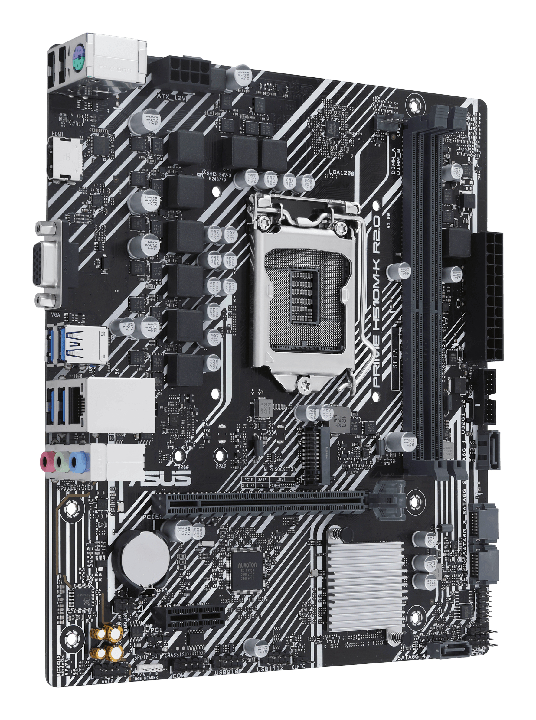 Scheda madre per computer in bianco e nero con vari componenti, connettori e chip su sfondo bianco.