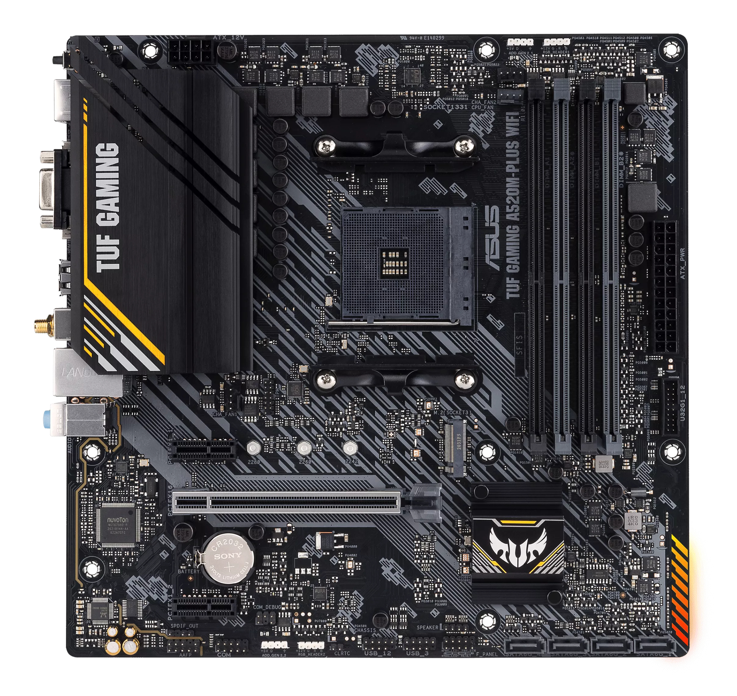 Une carte mère ASUS TUF Gaming A520M-PLUS WIFI noire et grise avec divers composants.