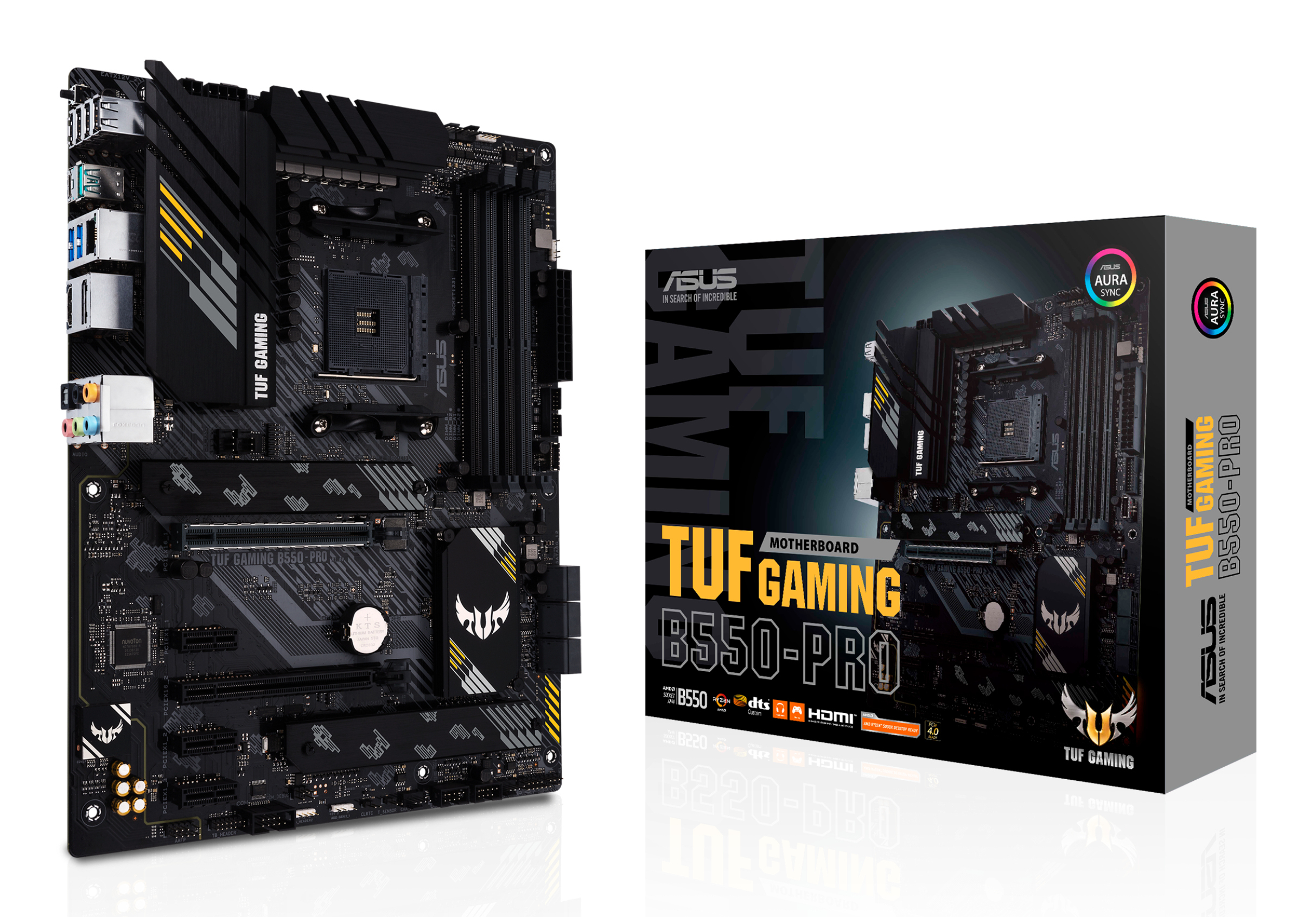 Ein schwarzes und gelbes ASUS TUF GAMING B550-PRO-Motherboard und seine Schachtel auf weißem Hintergrund.