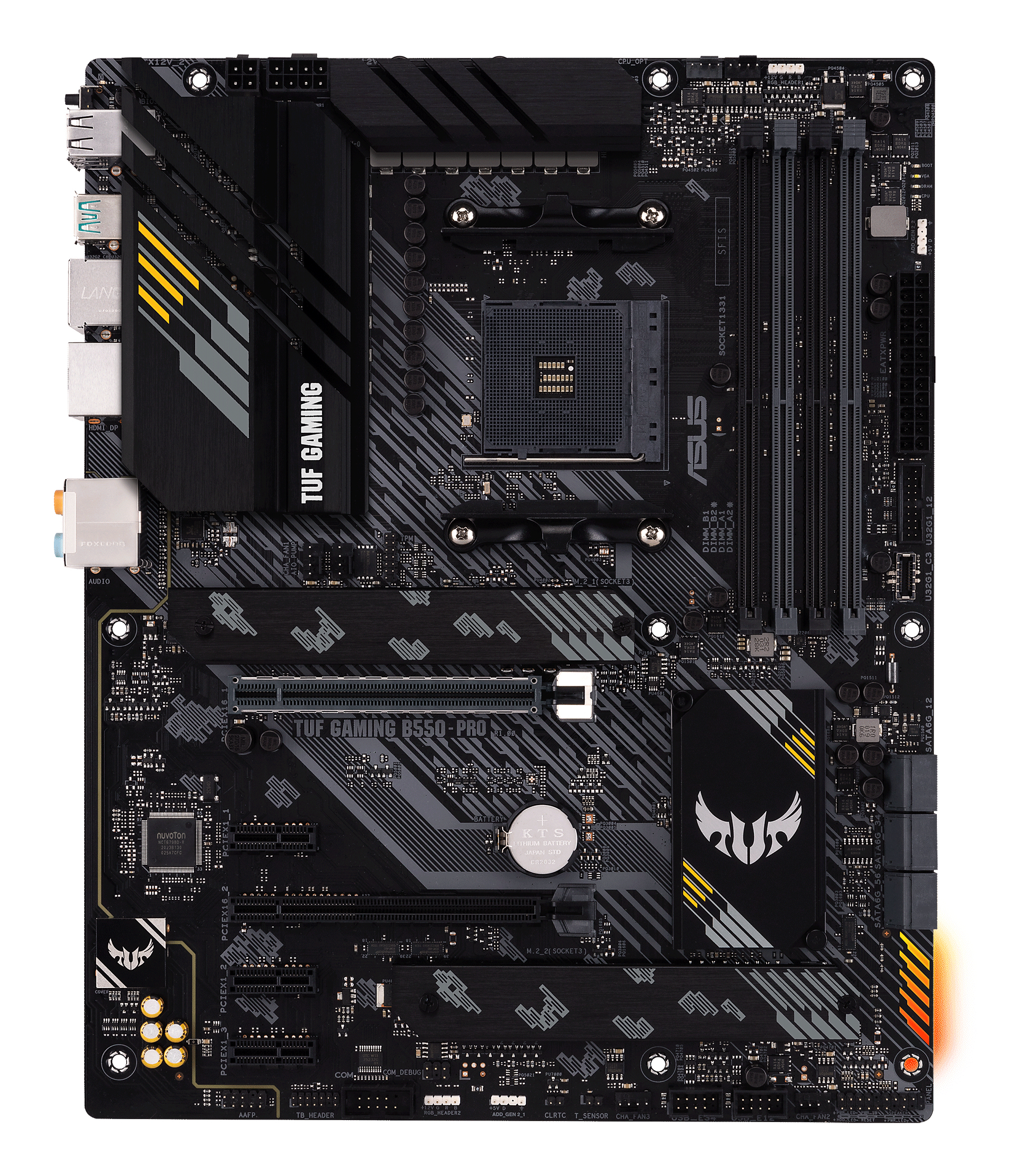 Schwarzes und graues ASUS TUF Gaming B550-PRO-Motherboard mit verschiedenen Anschlüssen und Komponenten.