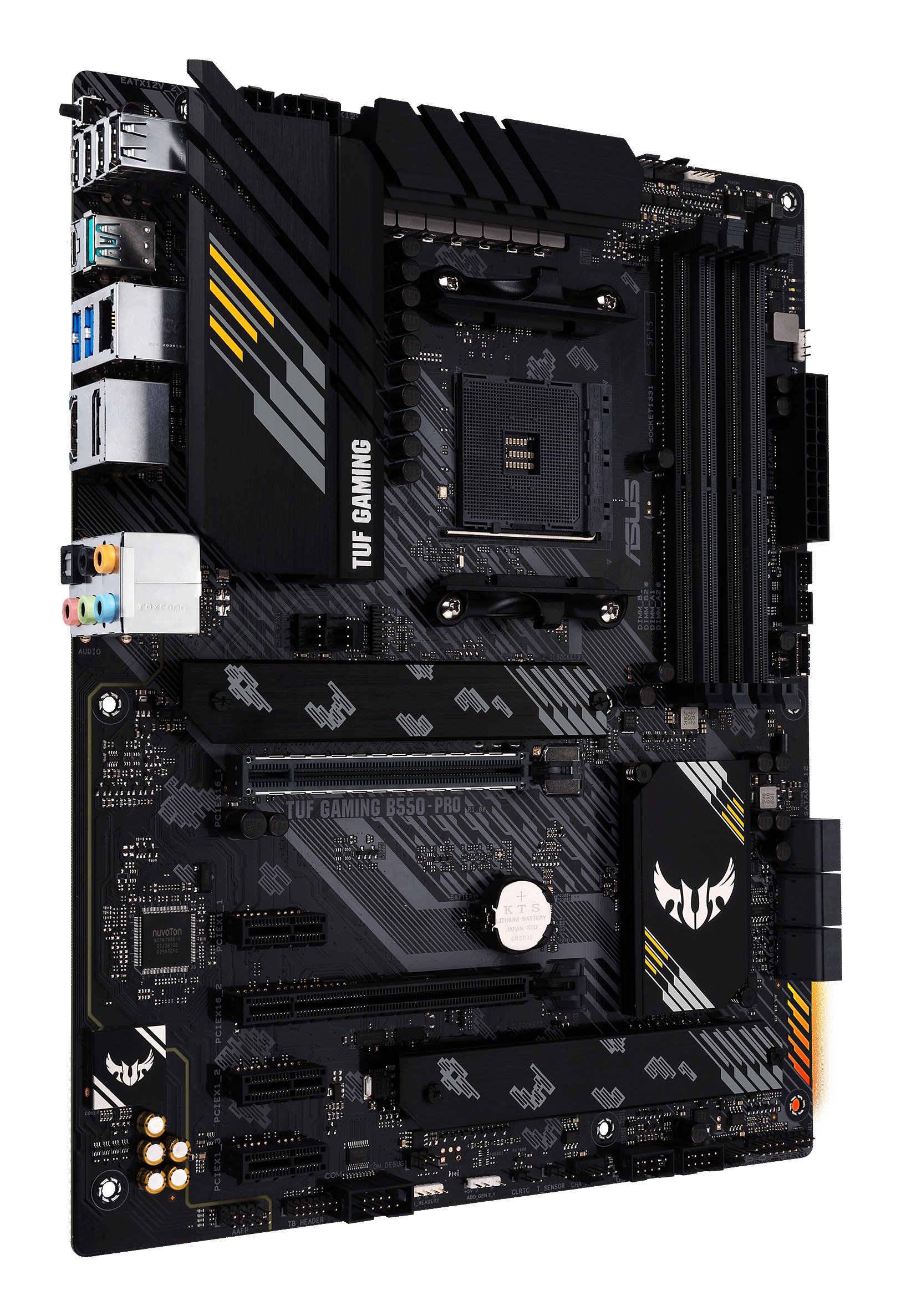Ein schwarzes und graues ASUS TUF GAMING B550-PRO-Motherboard mit gelben Akzenten. Enthält Anschlüsse, Steckplätze und das TUF-Logo.