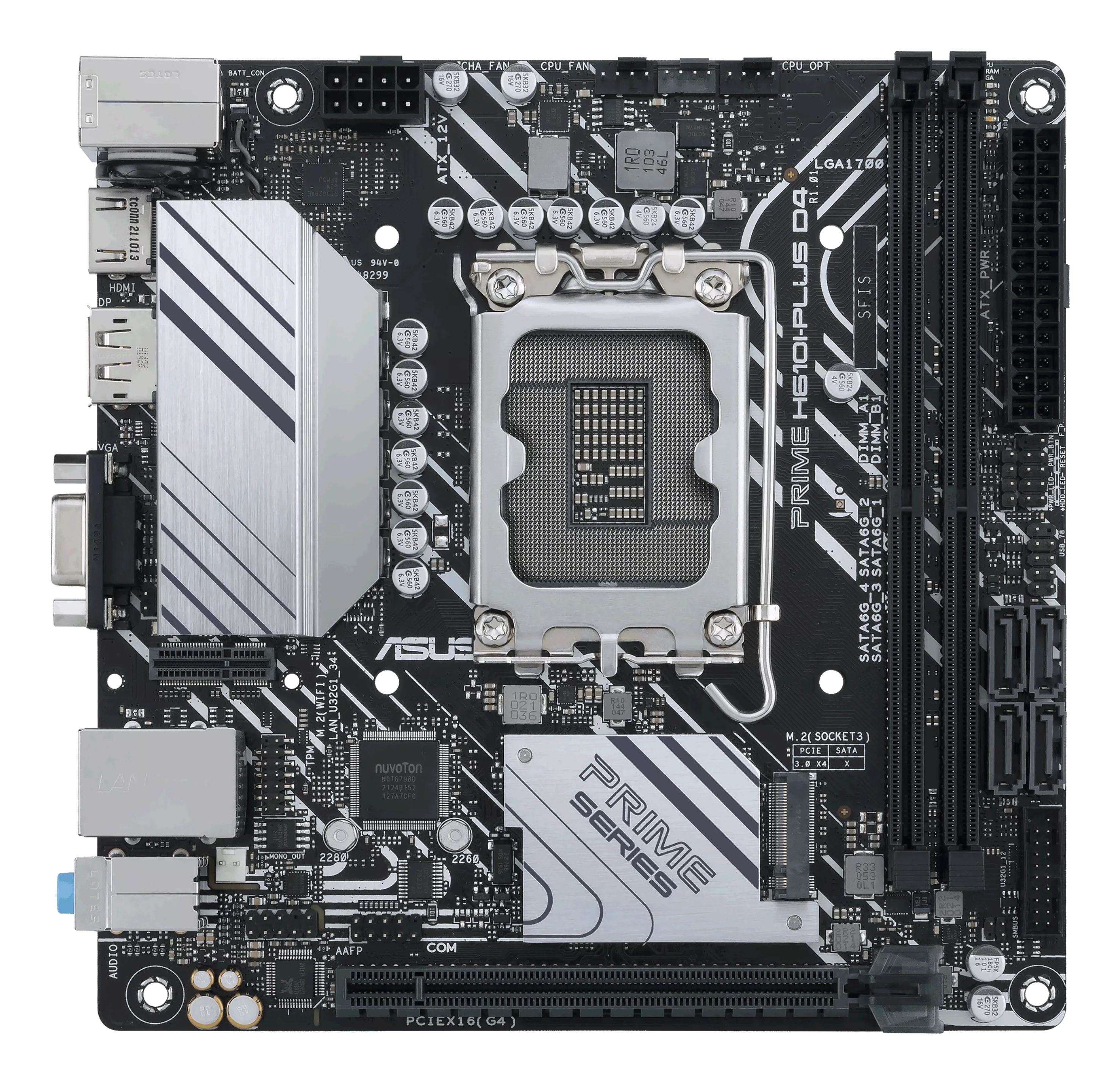 Schwarzes und silbernes Computer-Motherboard mit verschiedenen Anschlüssen, Steckplätzen und Komponenten.