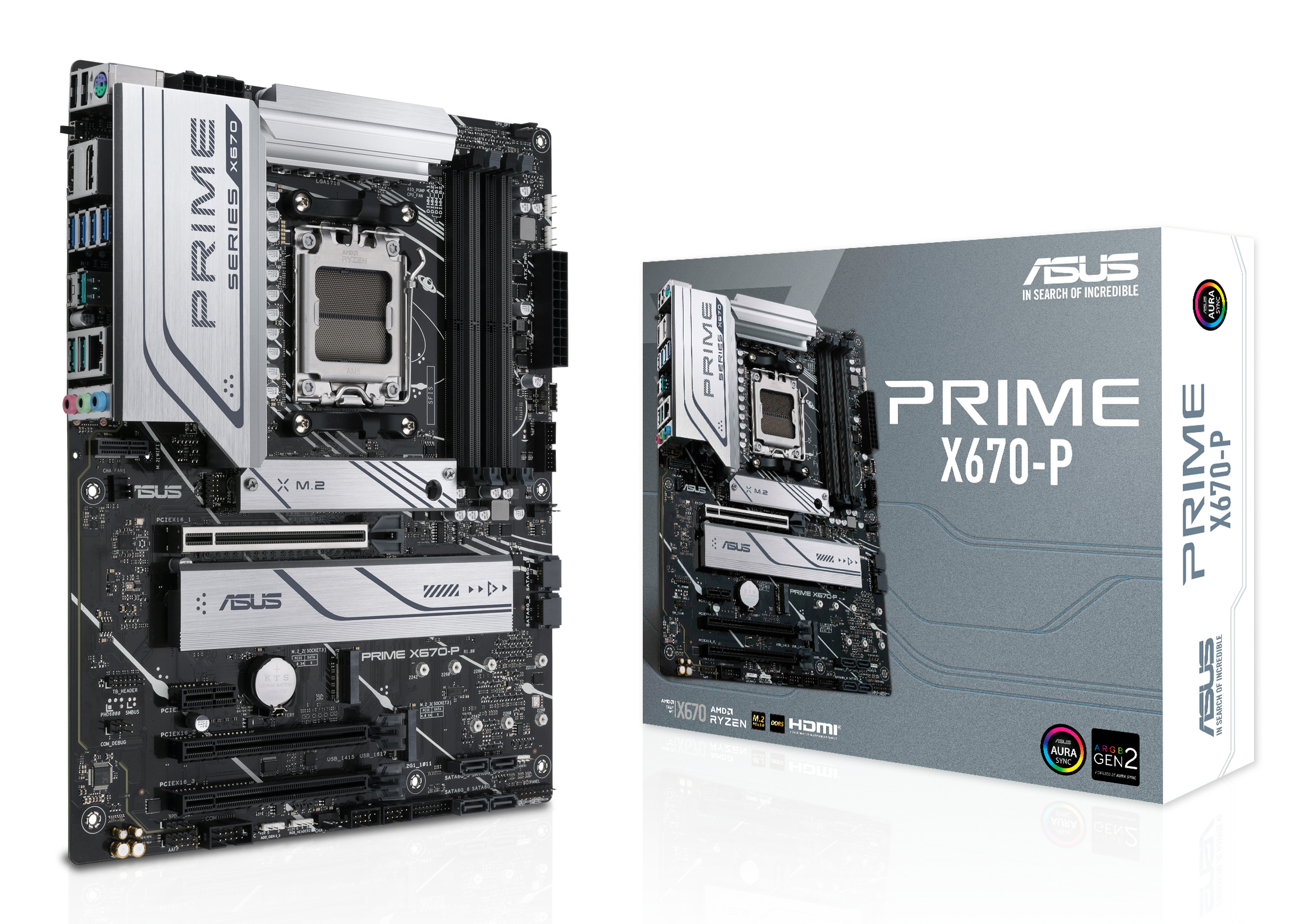 Una scheda madre ASUS Prime X670-P e la sua scatola sono esposte. La scheda madre è nera, argento e bianca.