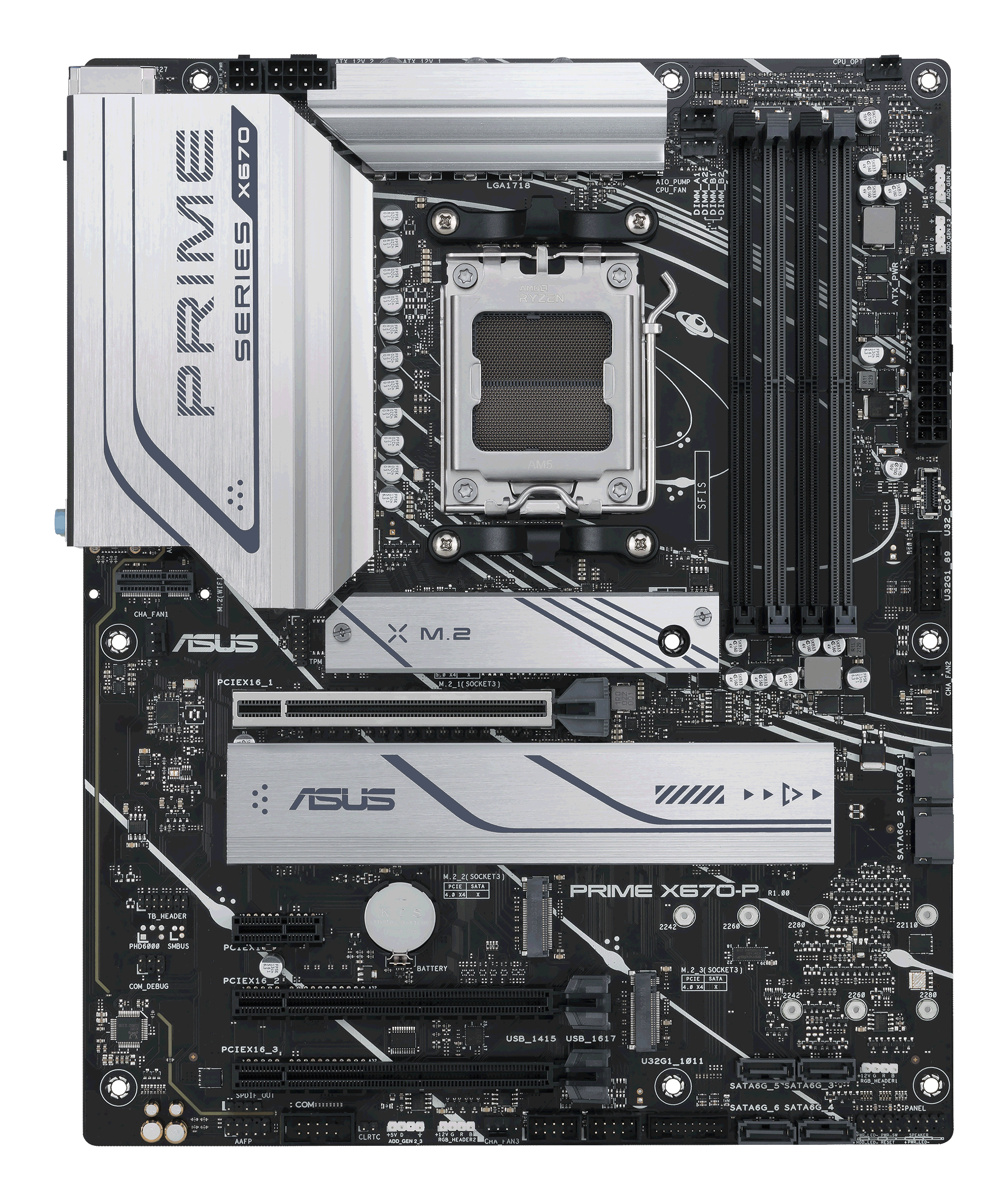 Scheda madre nera con dettagli argentati, varie porte, slot e il logo ASUS.