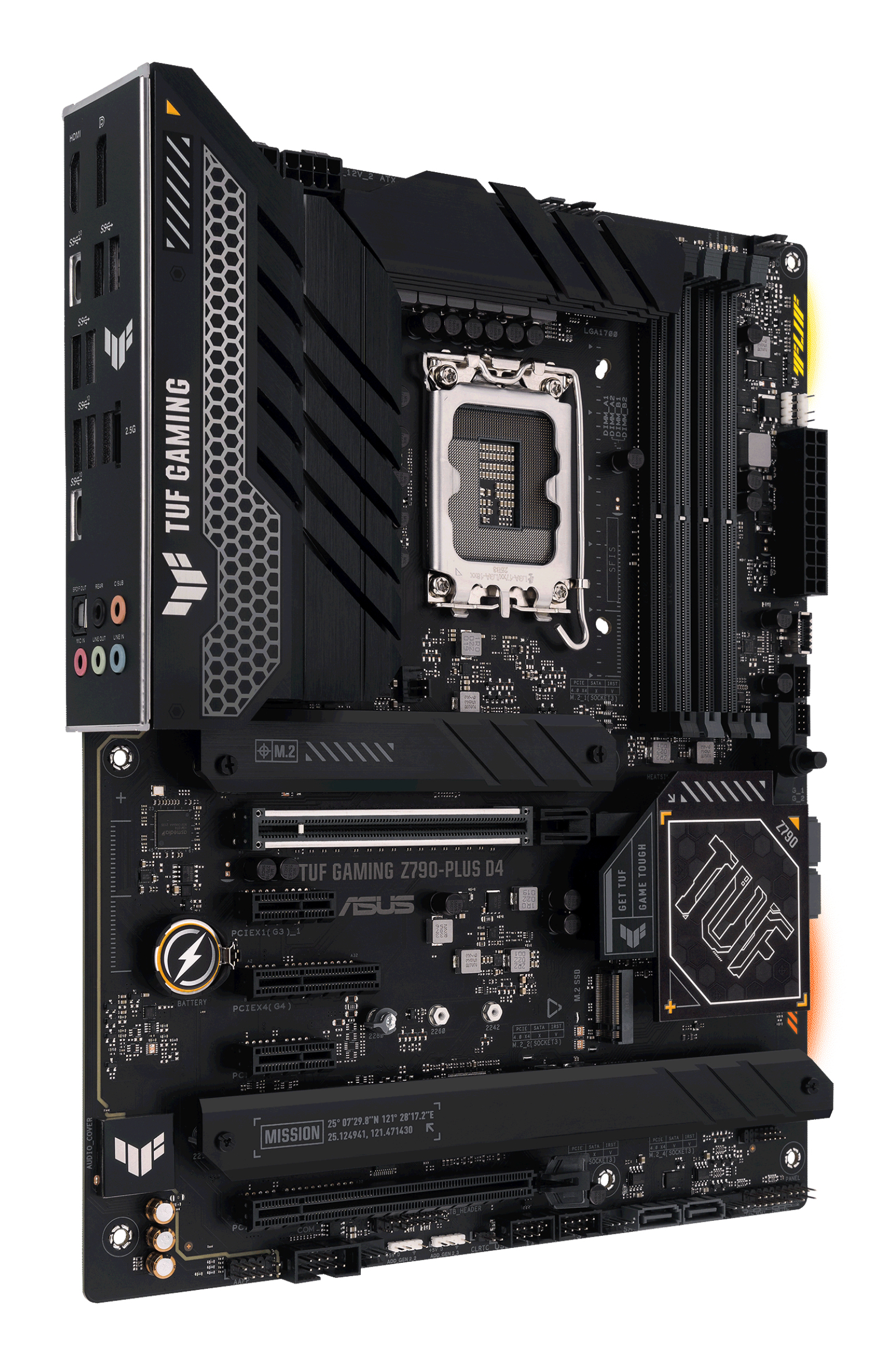 Schwarzes TUF Gaming-Motherboard. Merkmale umfassen CPU-Sockel, Steckplätze, Anschlüsse und Logos.