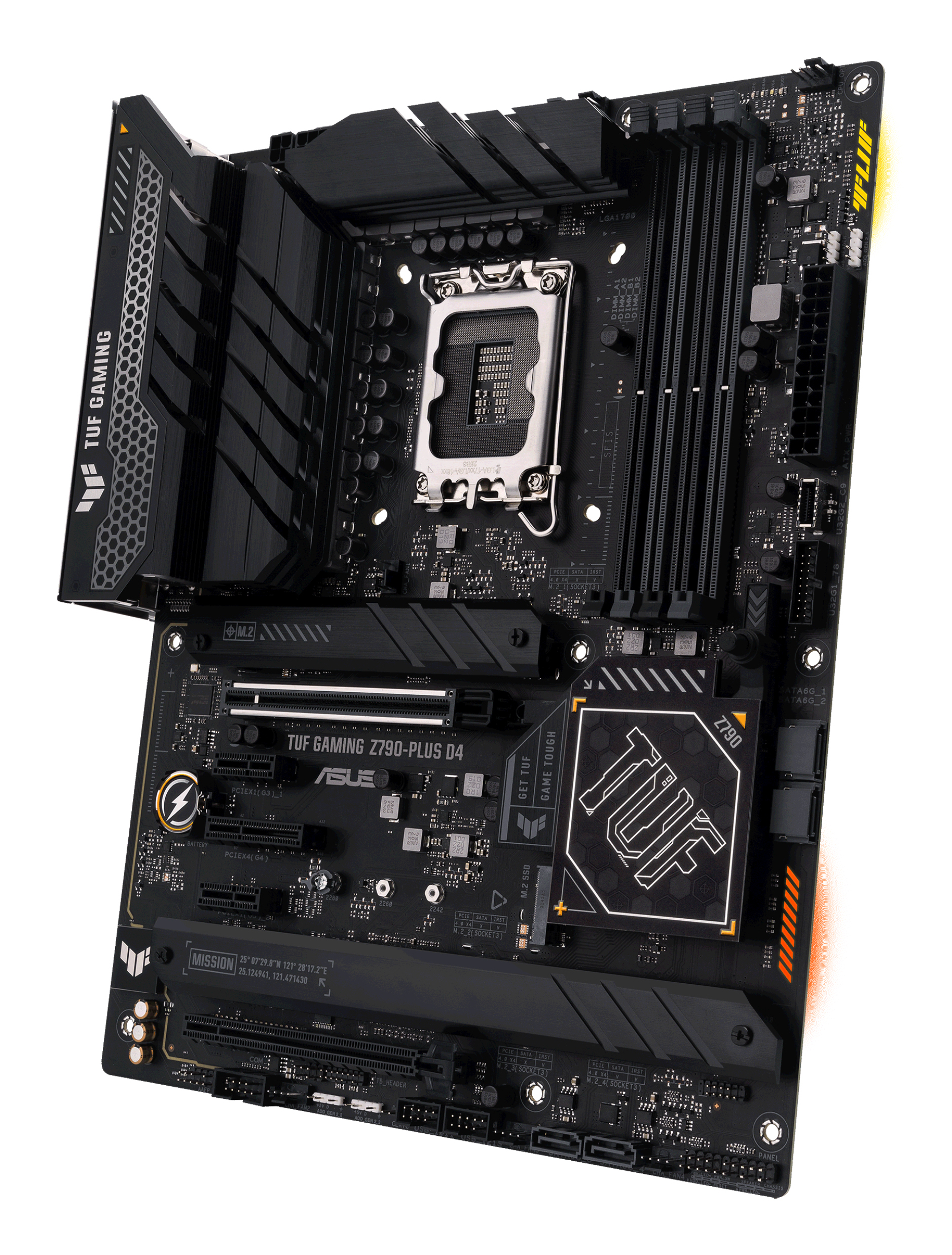 Schwarzes ASUS TUF Gaming Z790-PLUS D4-Motherboard. Merkmale: Steckplätze, Anschlüsse und das TUF Gaming-Logo.