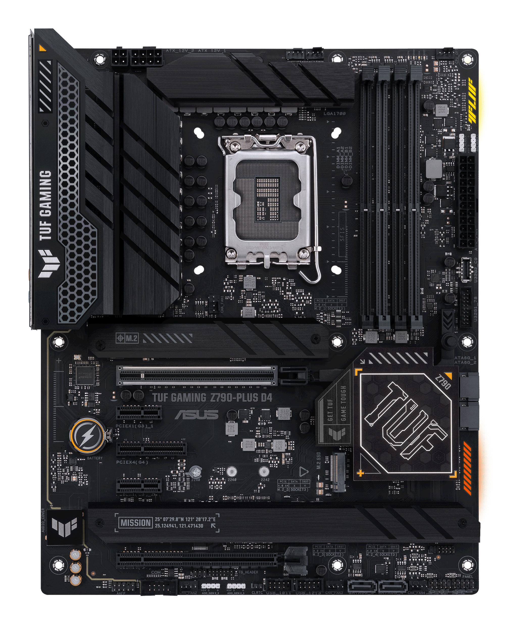 Schwarzes und graues ASUS TUF Gaming Z790-PLUS D4-Motherboard mit verschiedenen Steckplätzen.