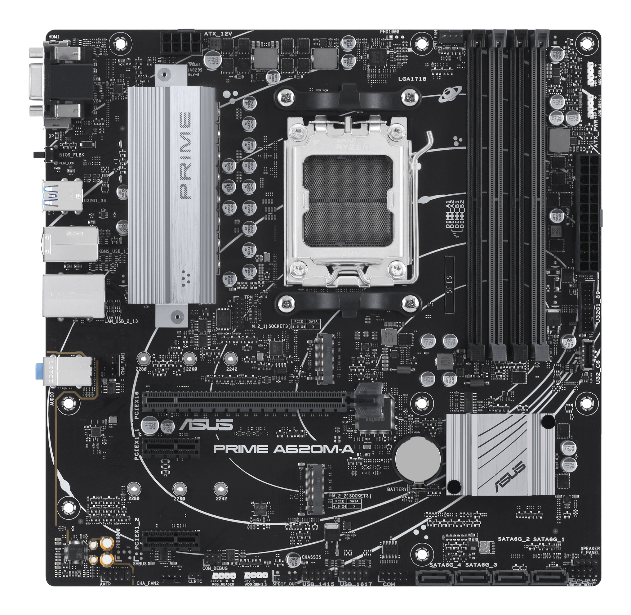 Scheda madre ASUS PRIME A620M-A nera con componenti, porte e slot, incluso socket CPU e dissipatore.