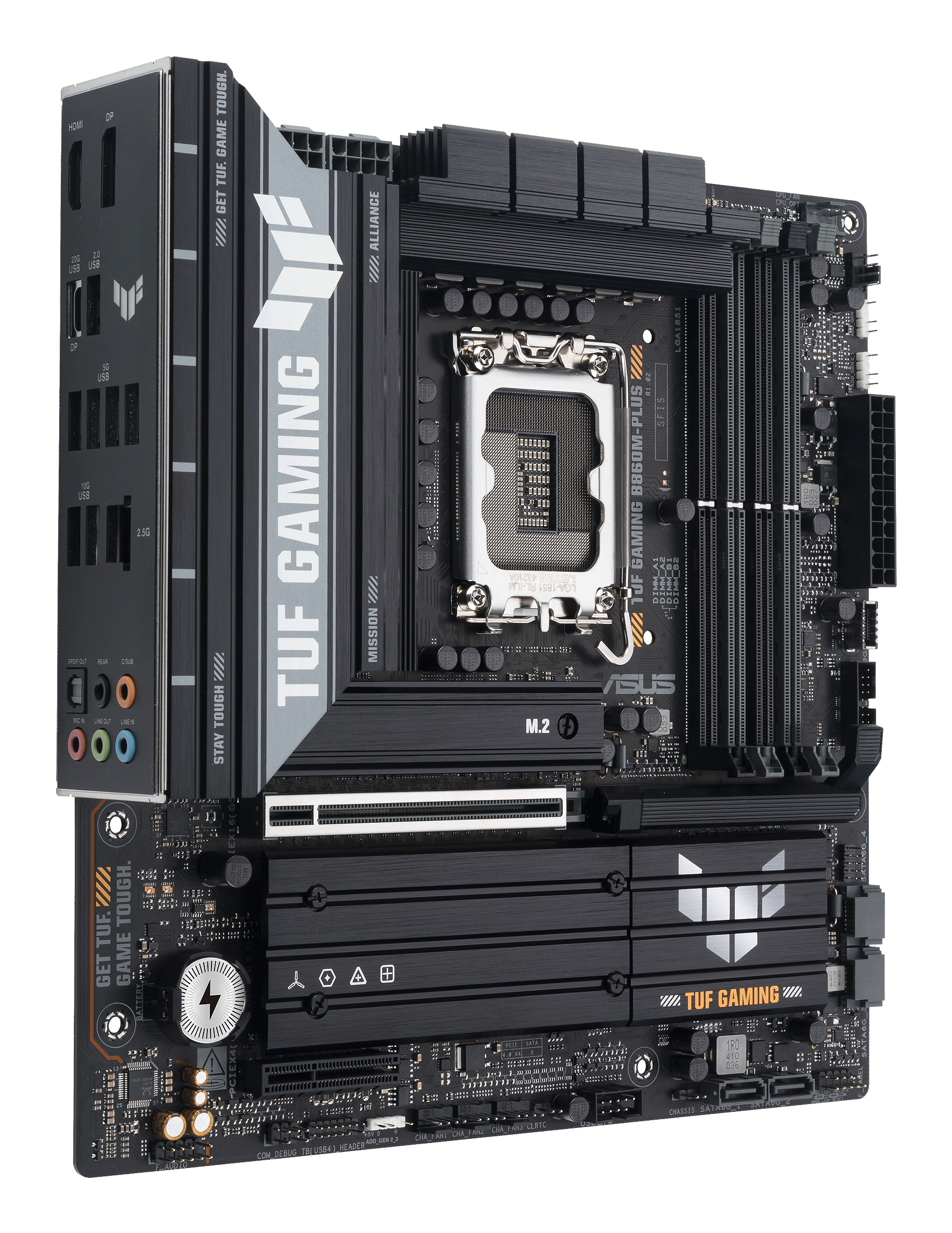 A black TUF Gaming B660M-PLUS motherboard with various ports and slots, white accents, and the ASUS logo.