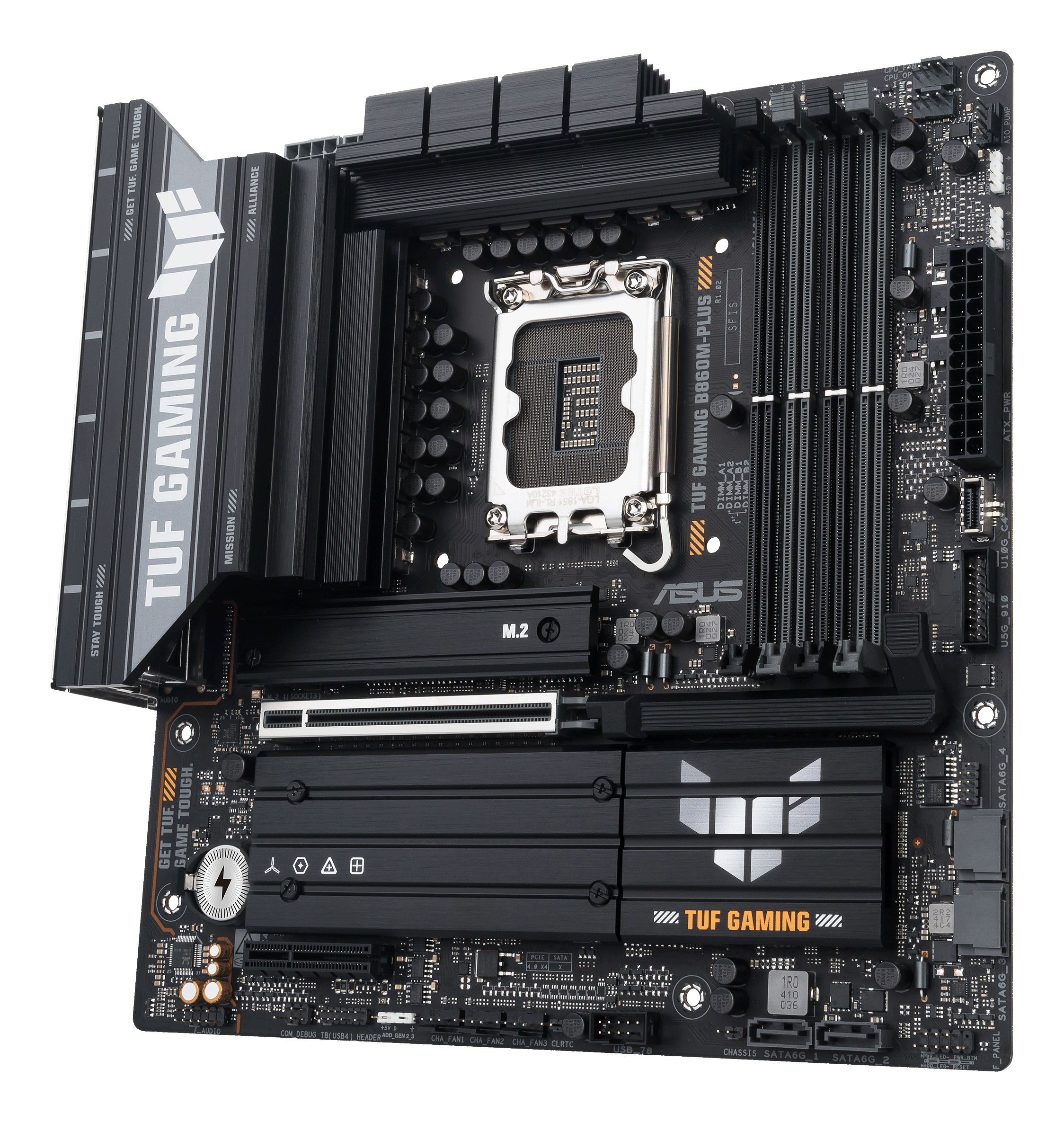 Black TUF Gaming B860M-PLUS motherboard. It has slots, connectors, and a CPU socket.