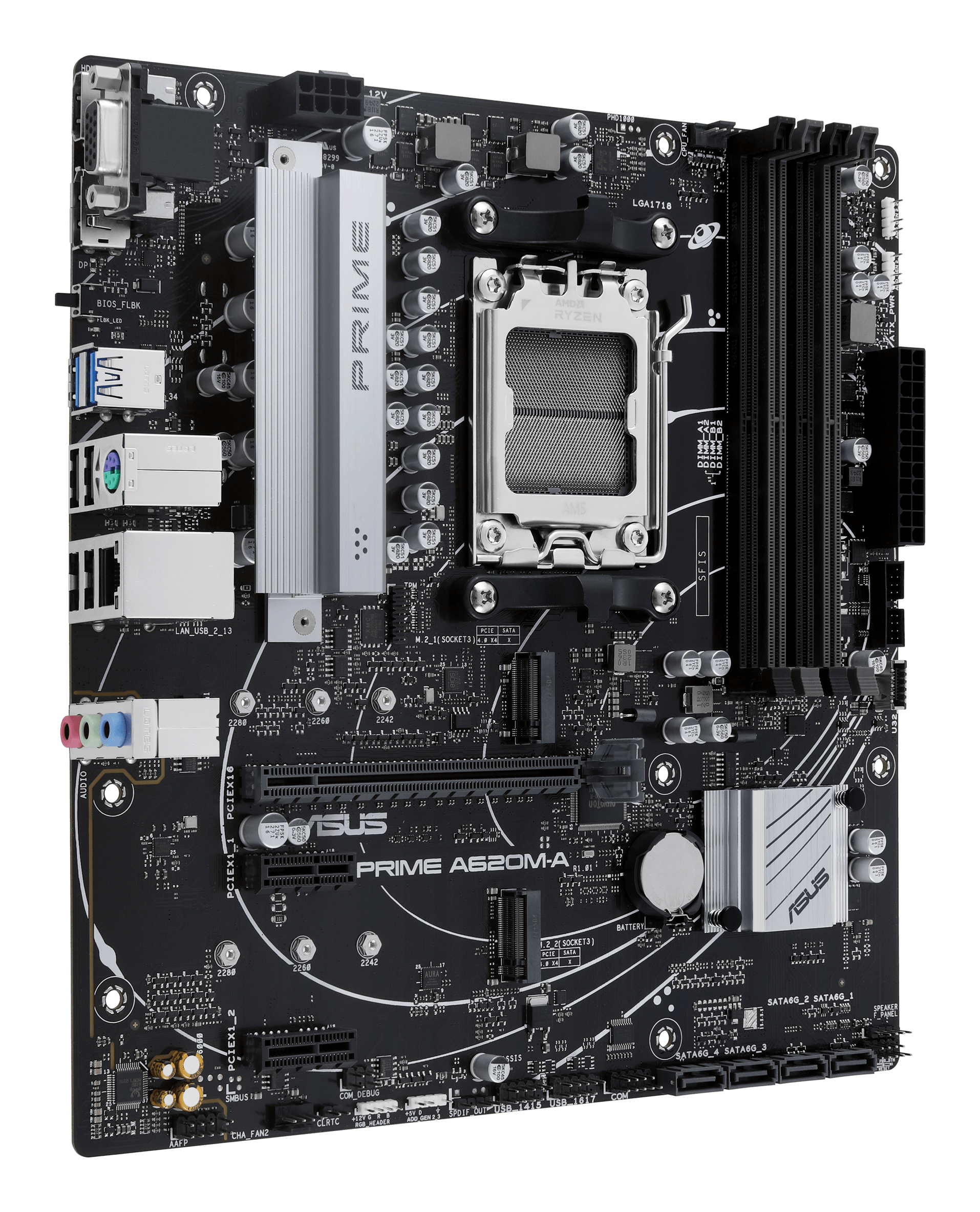 Scheda madre per computer nera con dettagli argentati, varie porte e slot. Il marchio 'ASUS PRIME' è visibile.