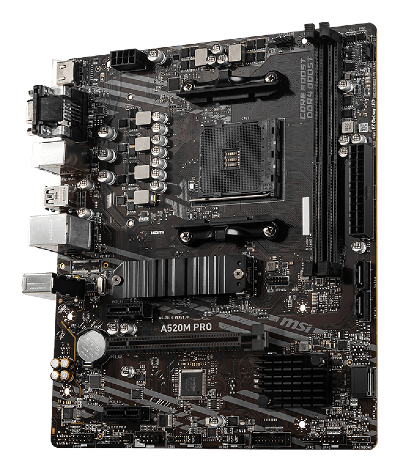 Black MSI A520M PRO motherboard. Features include CPU socket, RAM slots, various ports, and integrated circuits on a circuit board.