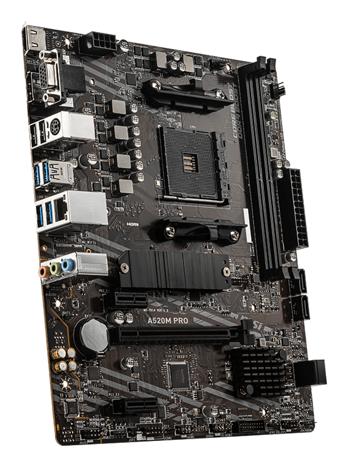 Black MSI A520M PRO motherboard. Features RAM slots, CPU socket, various ports, and integrated components. Angled shot on white background.