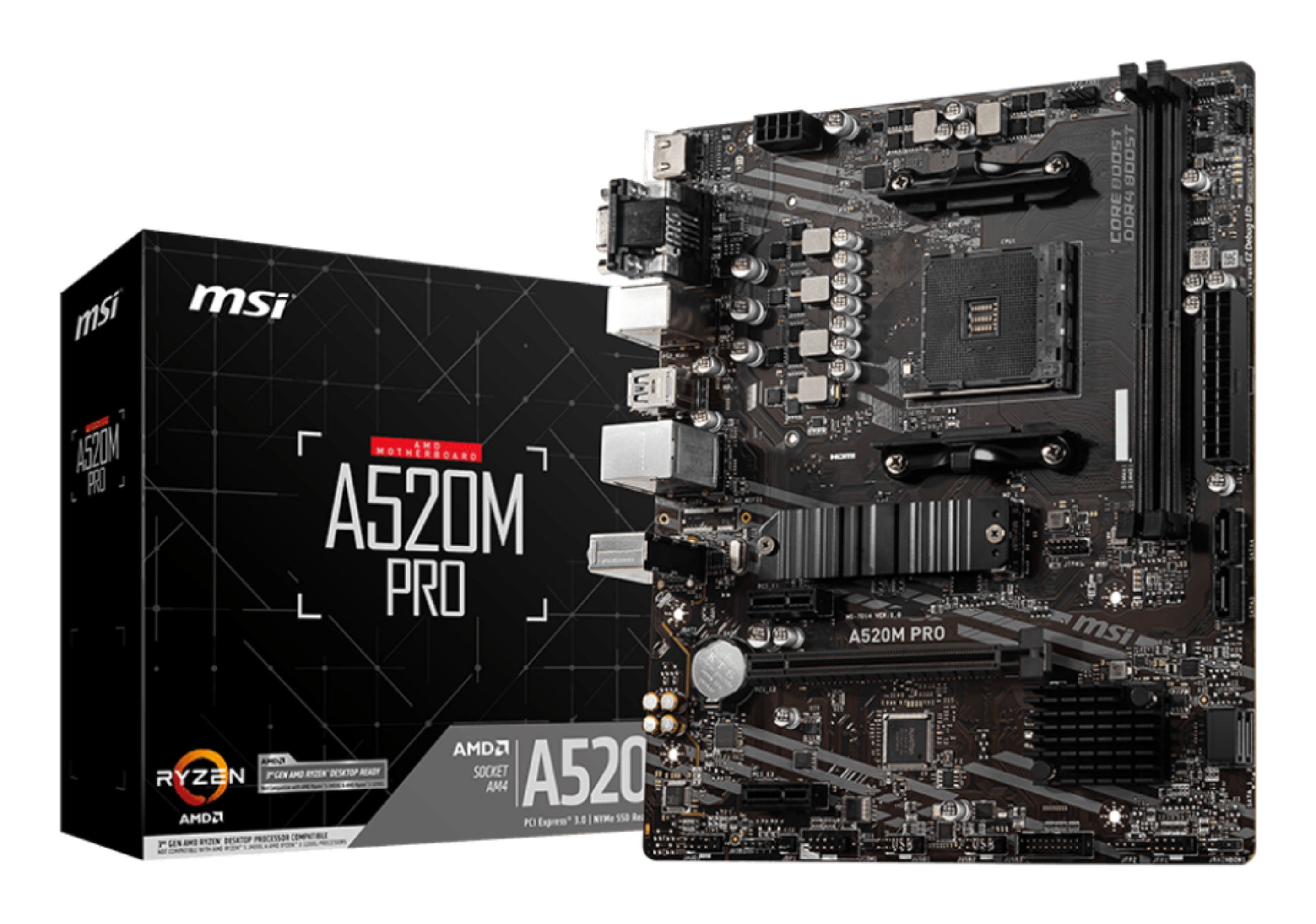 Image shows an MSI A520M PRO motherboard and its box. The board is black with silver components.