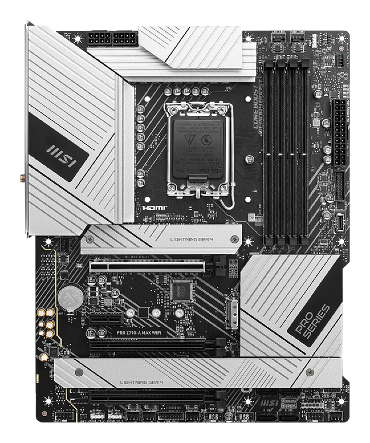 Una scheda madre MSI PRO series nera e argento. Ha vari componenti, slot e connettori, tra cui un socket CPU e slot RAM.