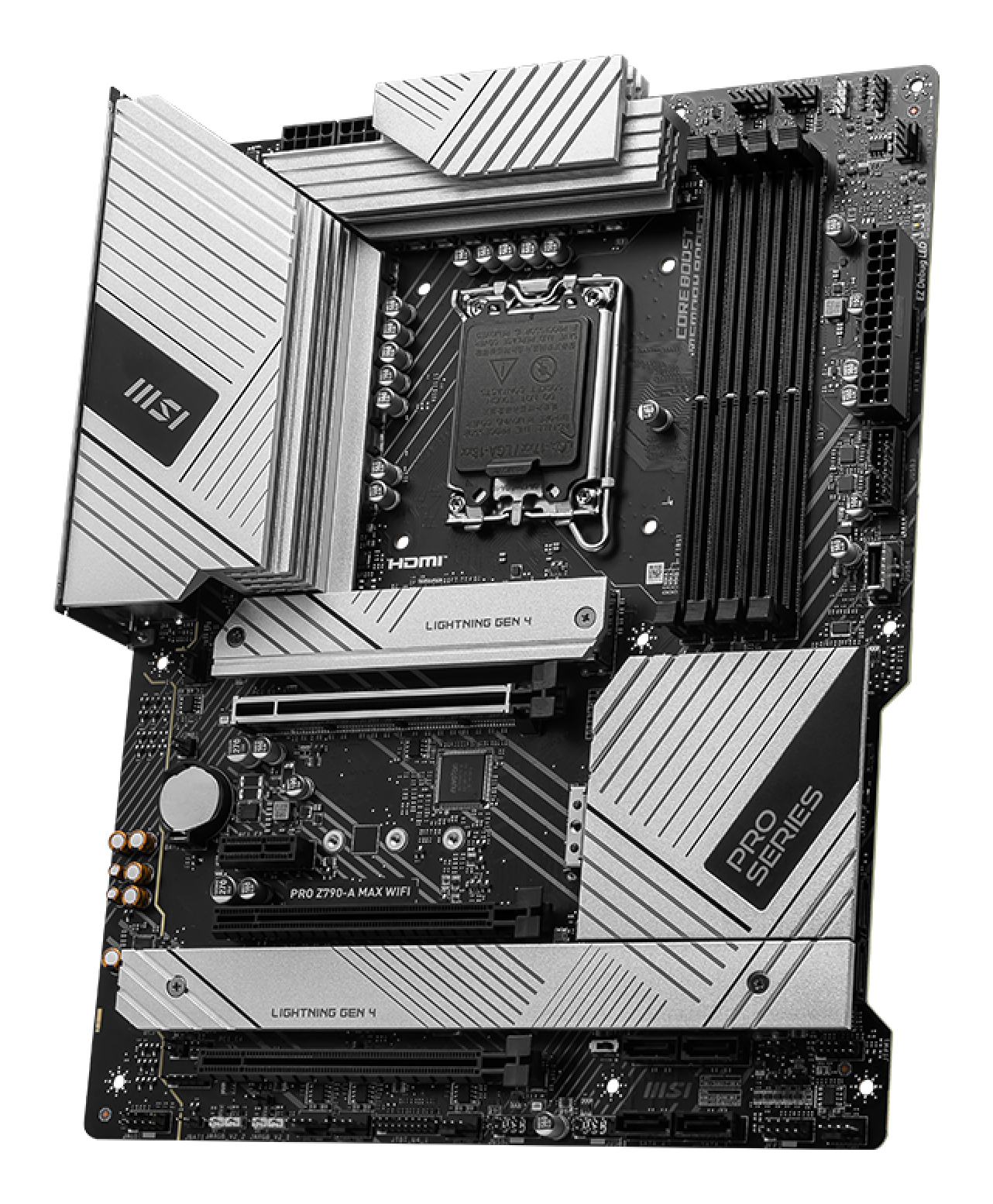 Una scheda madre MSI PRO series. Ha dissipatori di calore argentati, PCB nero e vari slot per componenti. La scheda ha 'LIGHTNING GEN 4' segnato.
