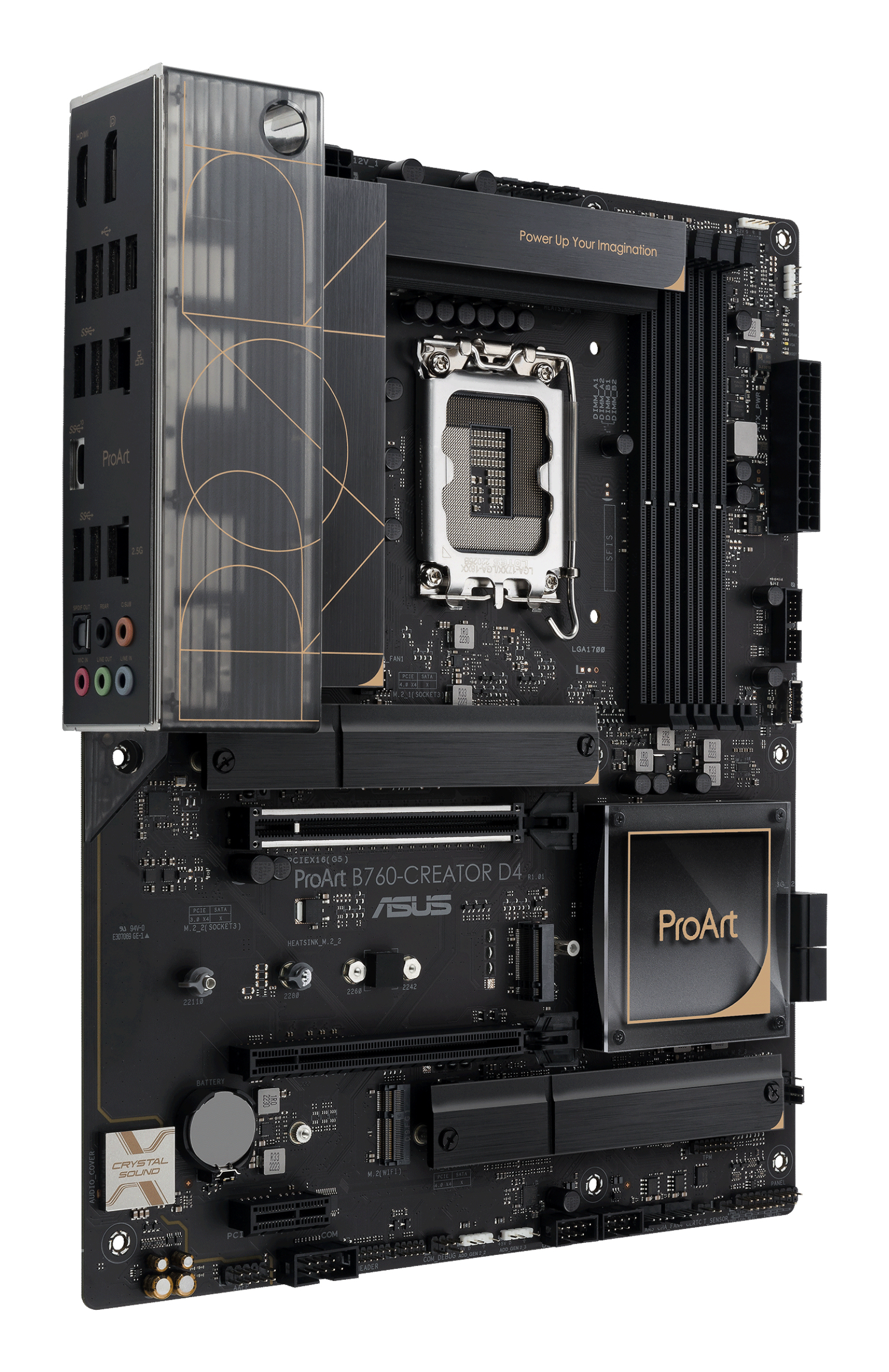 Una scheda madre per computer nera e oro. Ha slot, porte e il logo ProArt.