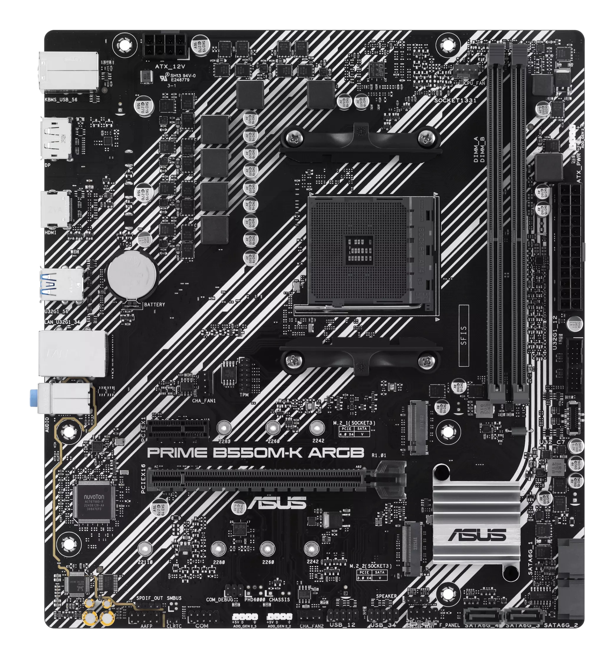 Schwarzes Motherboard mit RAM-Steckplätzen, CPU-Sockel und ASUS-Logo. Enthält Kondensatoren und Anschlüsse.