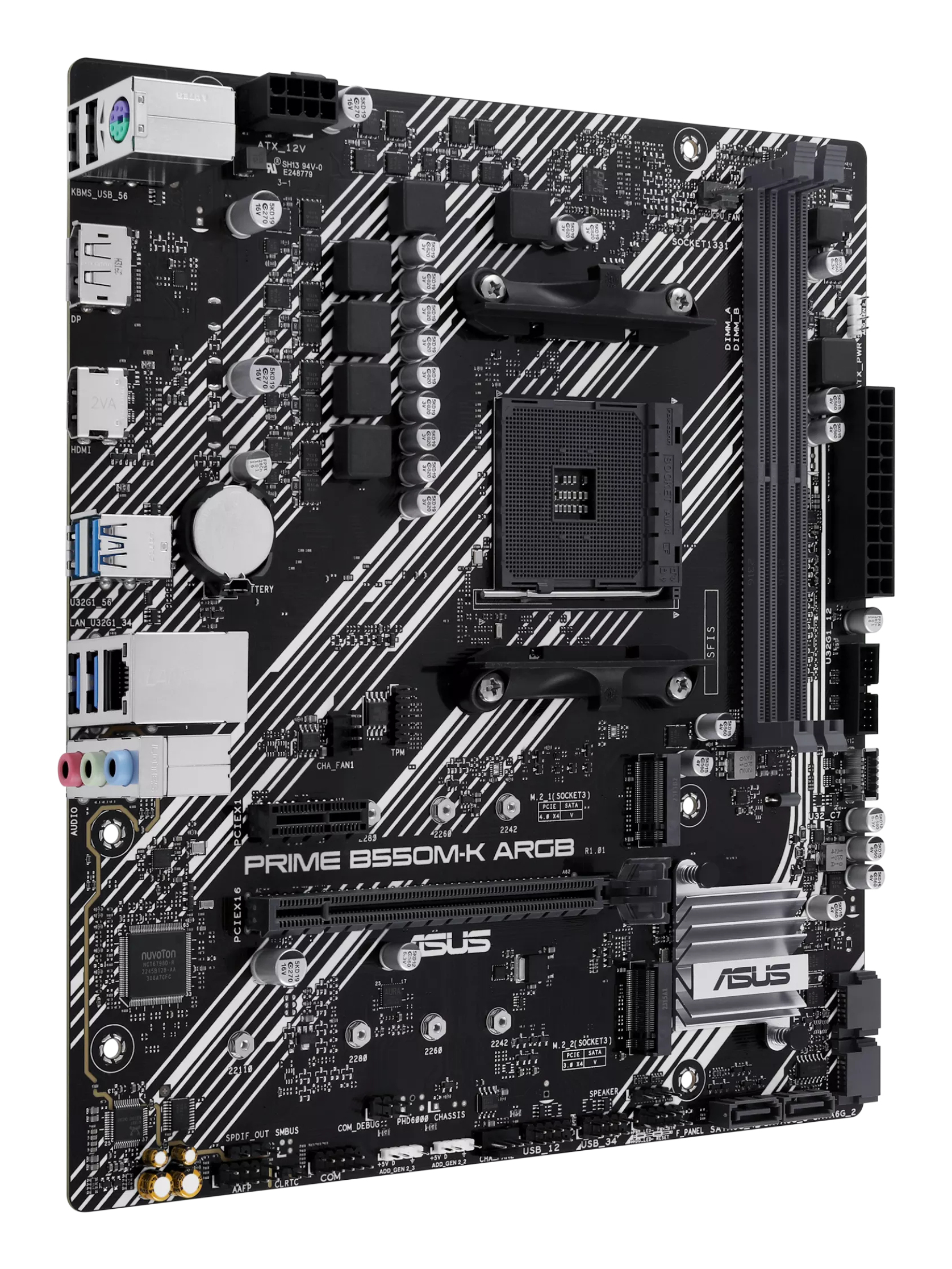 Ein schwarz-silbernes ASUS Prime B550M-K ARGB-Motherboard mit verschiedenen Anschlüssen und Komponenten.