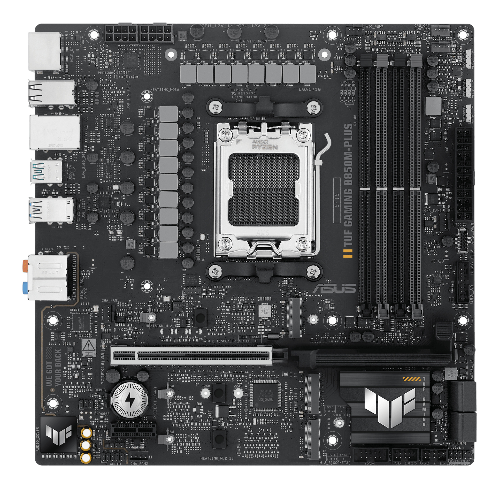 Black motherboard with many components, including CPU socket, RAM slots, and various ports. ASUS TUF GAMING.