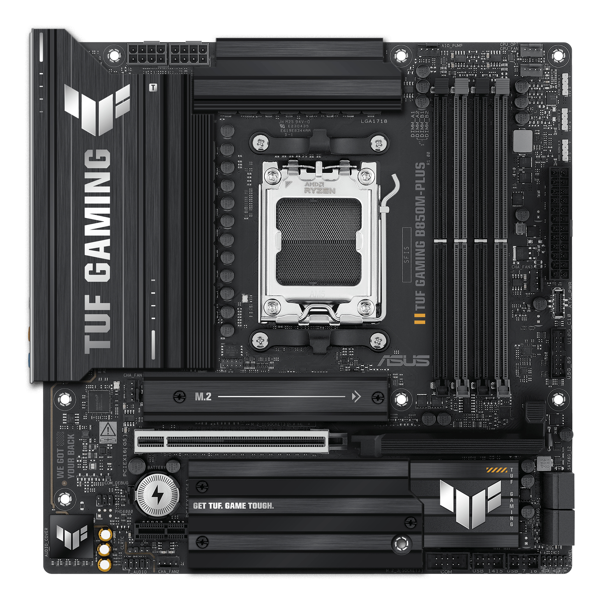 Black motherboard with TUF GAMING logo. Features include CPU socket, RAM slots, expansion slots, and various connectors.