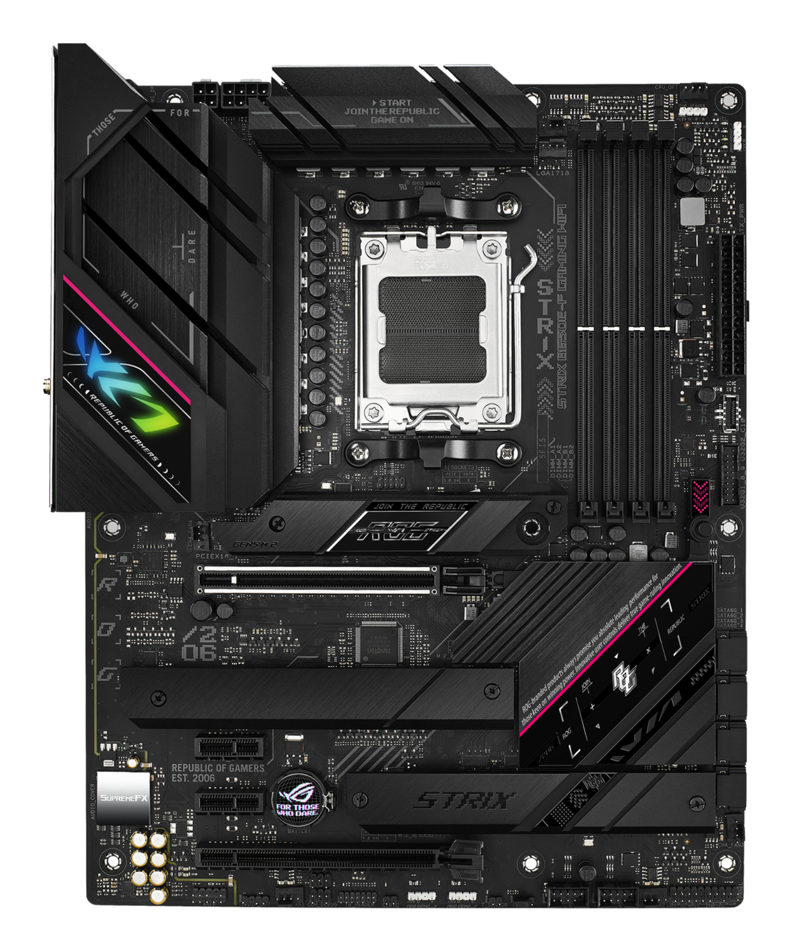 Black motherboard with multiple slots, logos, and text. Features include CPU socket, RAM slots, and various connectors.