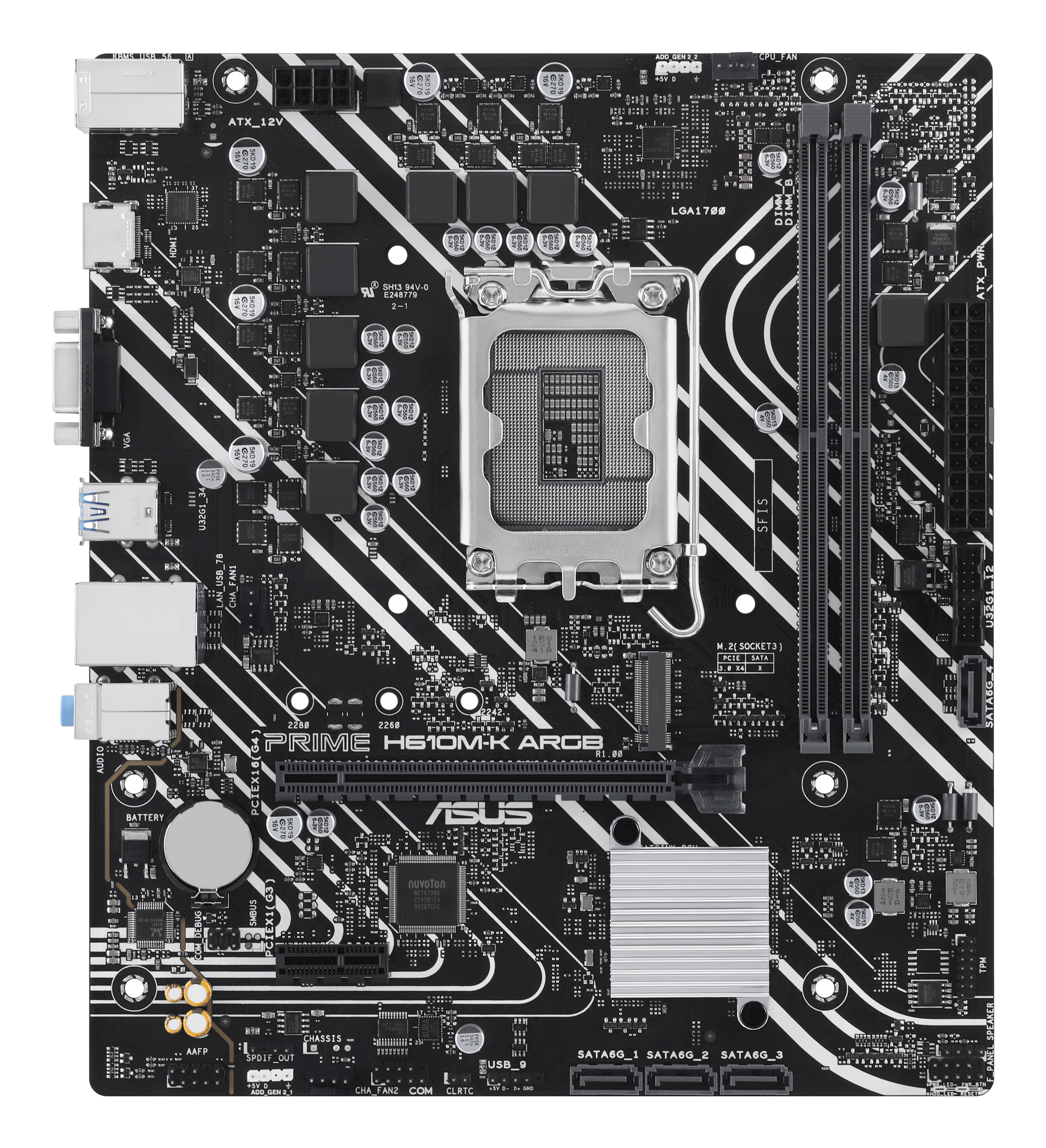 Schwarzes Motherboard mit weißen Linien, verschiedenen Komponenten und dem Asus-Logo. Anschlüsse und Steckplätze sind sichtbar.