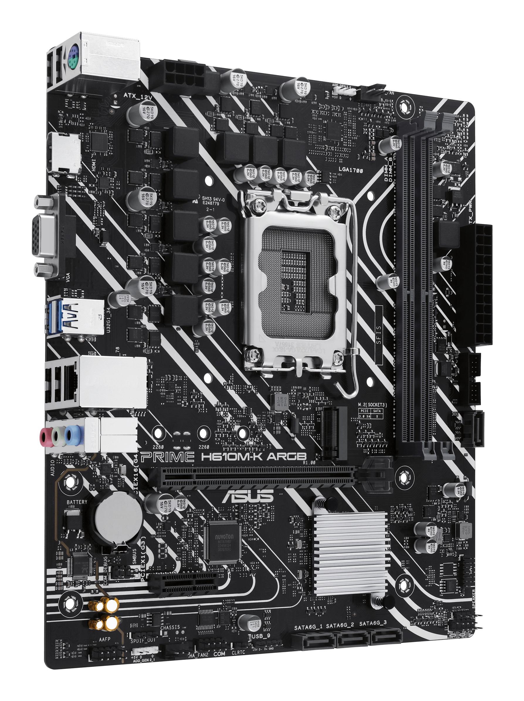 Schwarzes und weißes Computer-Motherboard mit verschiedenen Komponenten, Anschlüssen und Steckplätzen, mit dem Asus-Logo.