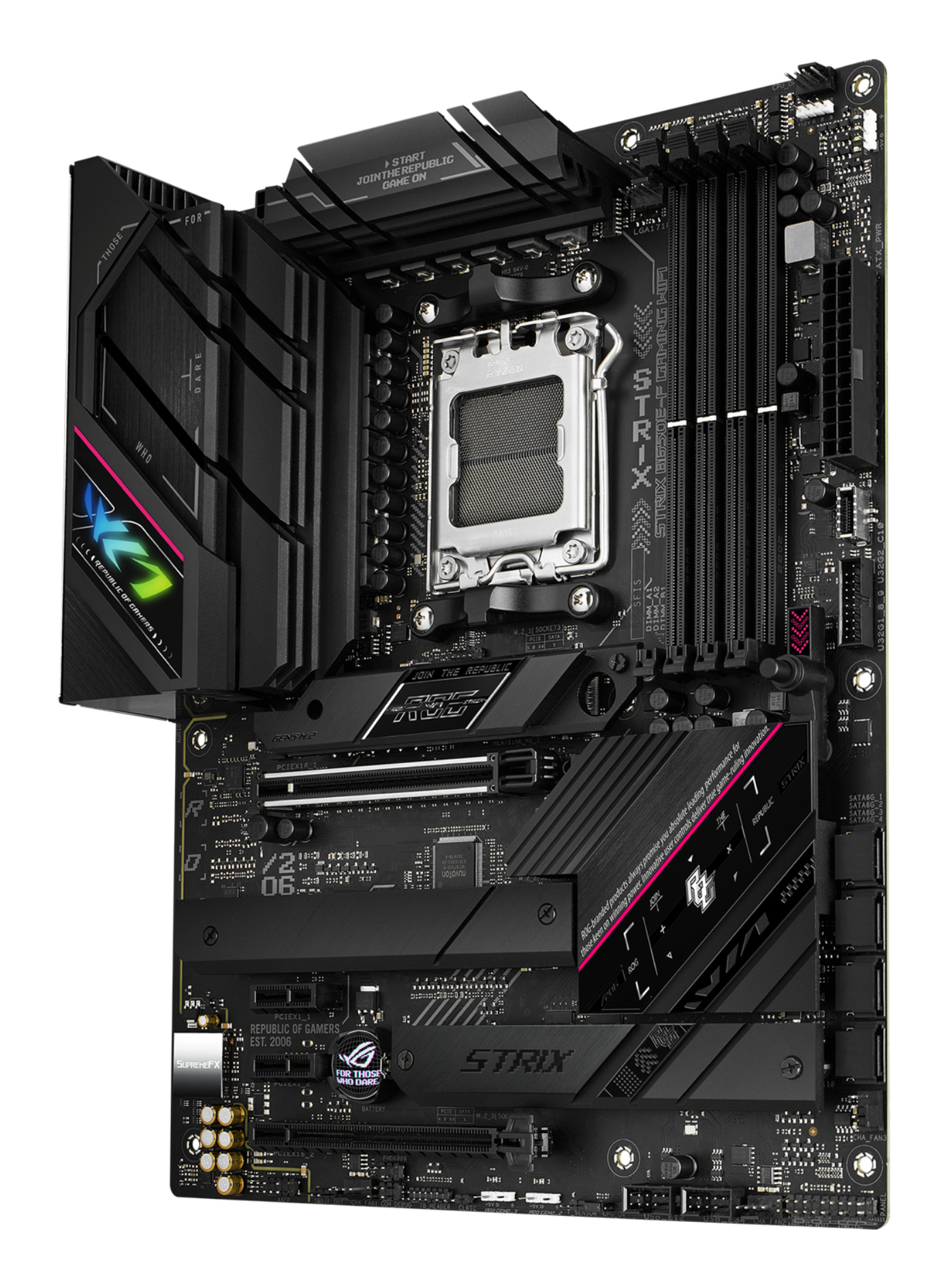 Black computer motherboard with various ports, slots, and a central CPU socket. The board has text and logos.