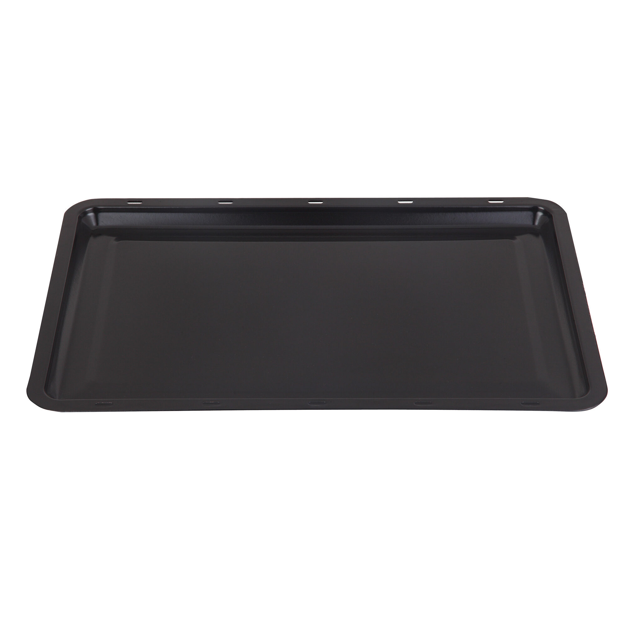 Una bandeja rectangular negra centrada sobre fondo blanco. Tiene bordes ligeramente elevados y pequeñas hendiduras.