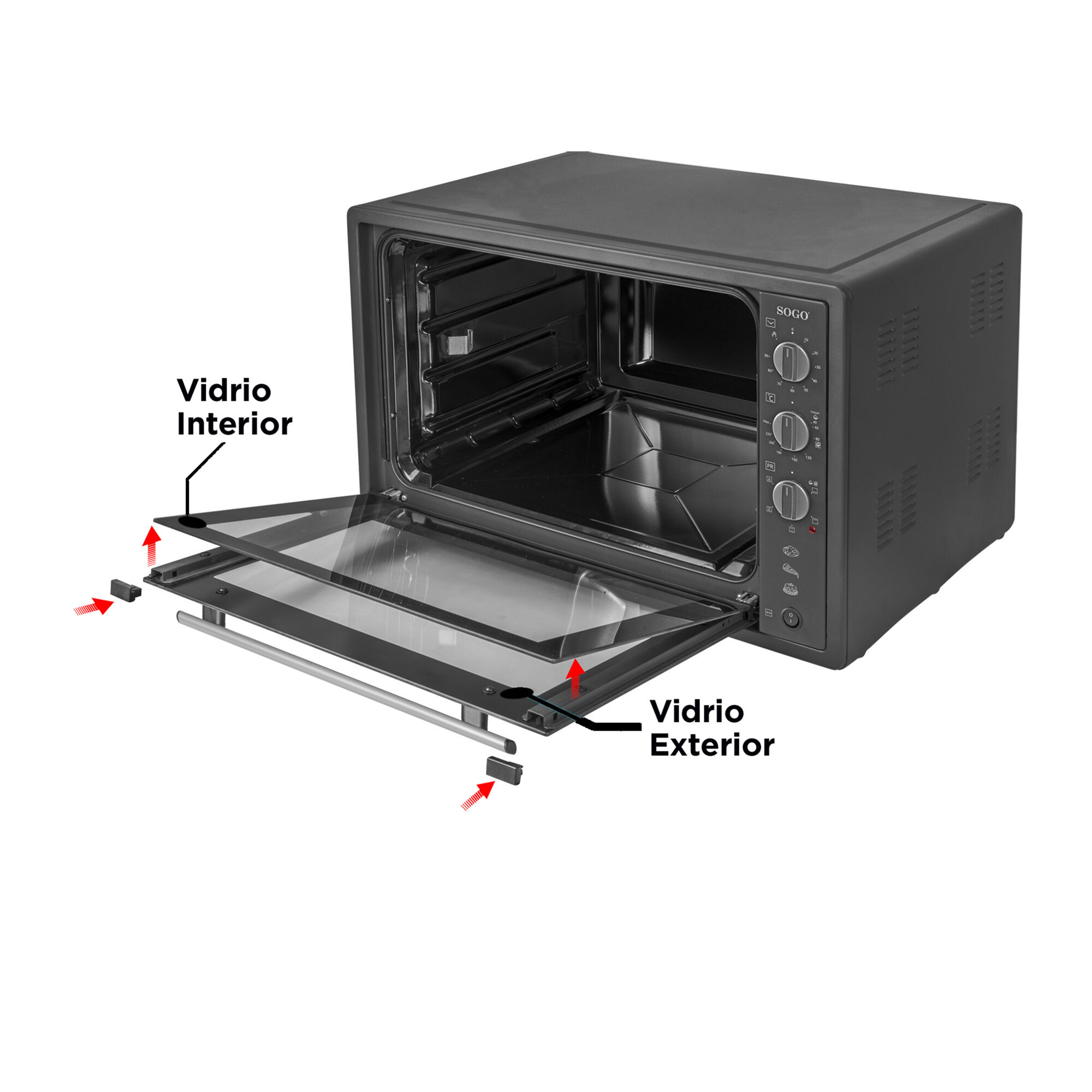 Un horno SOGO negro con puerta de cristal abierta. El cristal interior y exterior están etiquetados. Los controles están a la derecha.