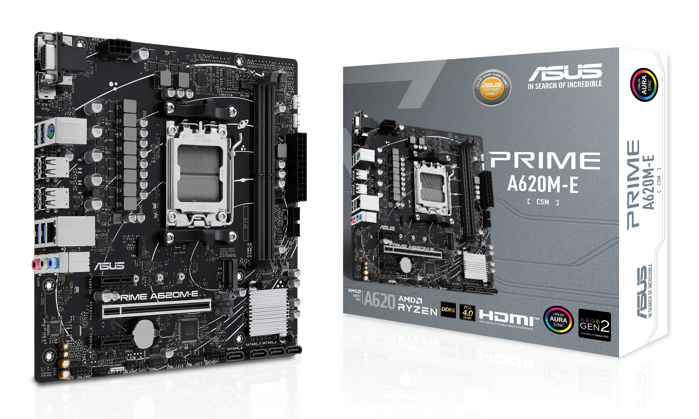 Een ASUS Prime A620M-E moederbord en de doos op een wit oppervlak. Het moederbord is zwart met diverse componenten.
