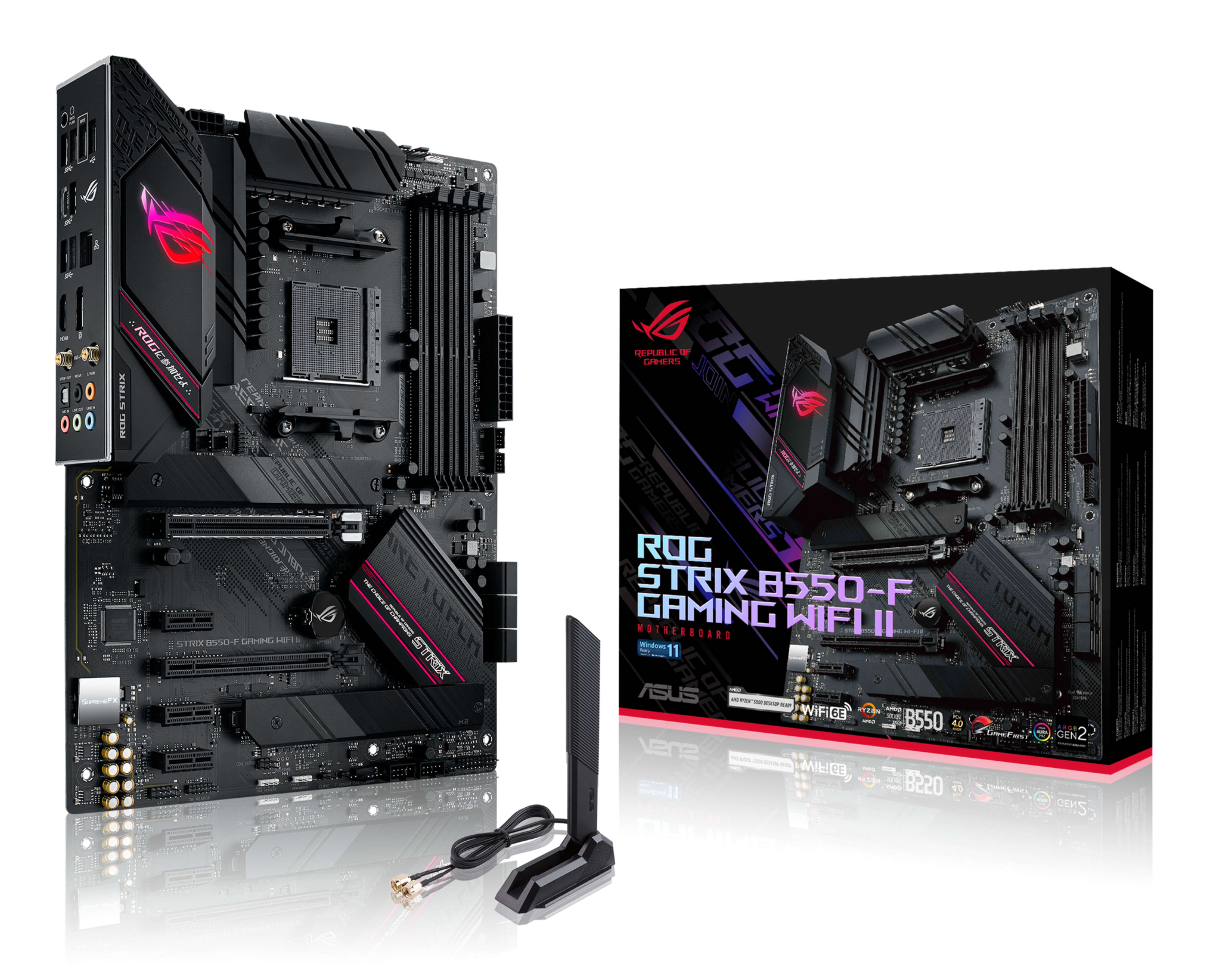 Czarna płyta główna ASUS ROG Strix B550-F Gaming WiFi II, pudełko i antena na białej powierzchni.