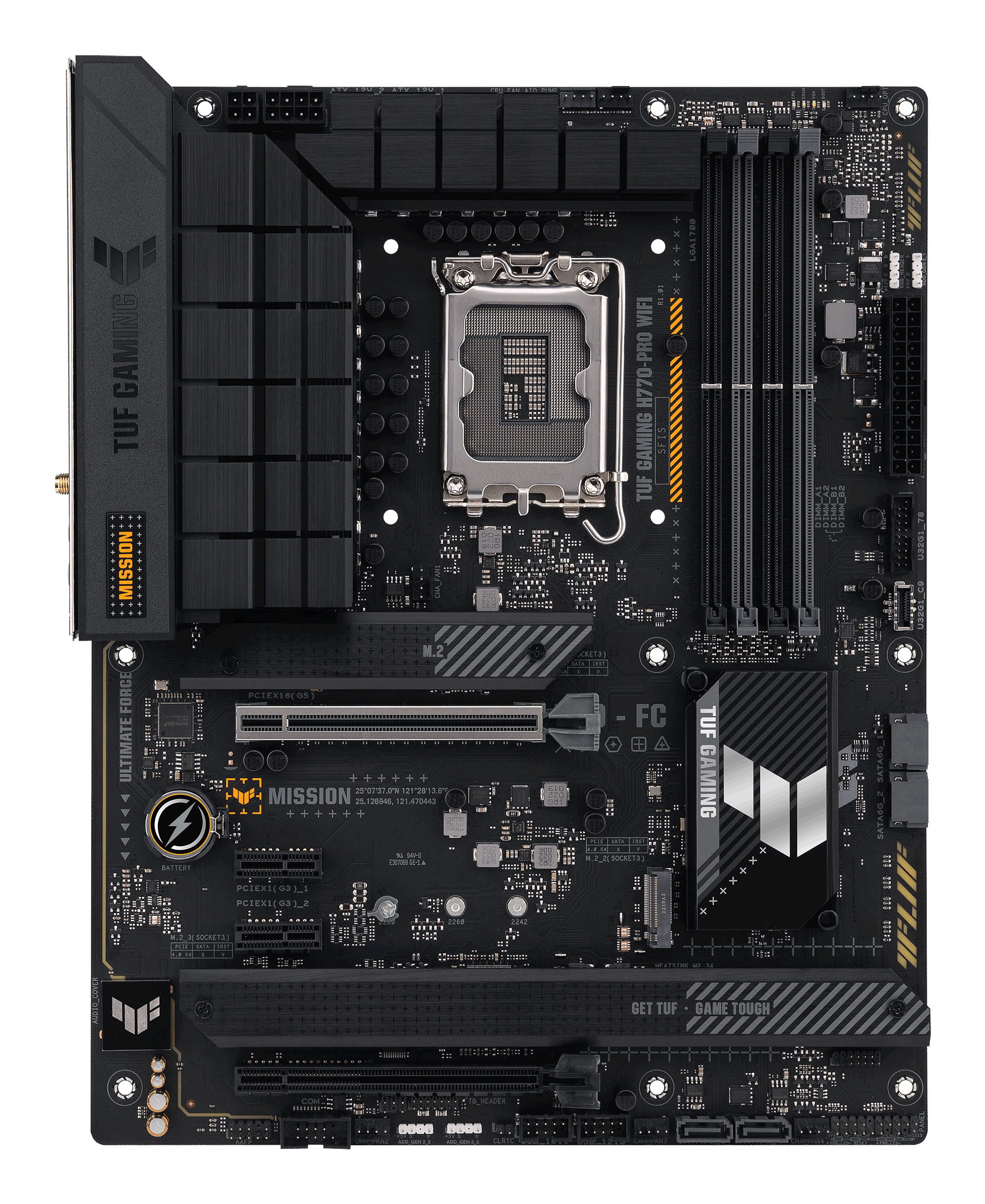 Schwarzes Motherboard mit silbernen Komponenten, Text 'TUF GAMING' und verschiedenen Steckplätzen.