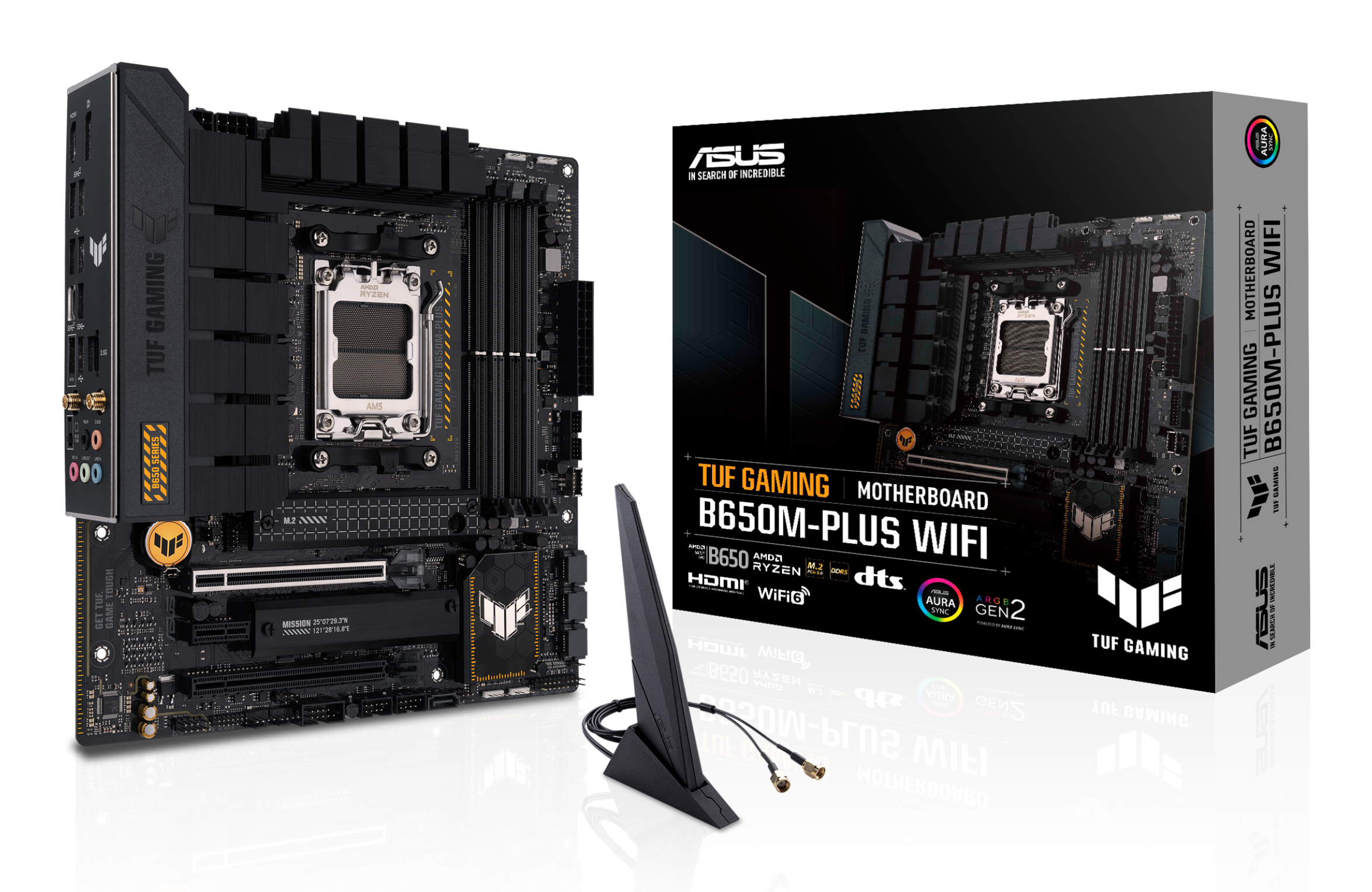 Ein ASUS TUF Gaming B650M-PLUS WIFI-Motherboard mit Box und Antenne. Schwarz-gelbes Farbschema.