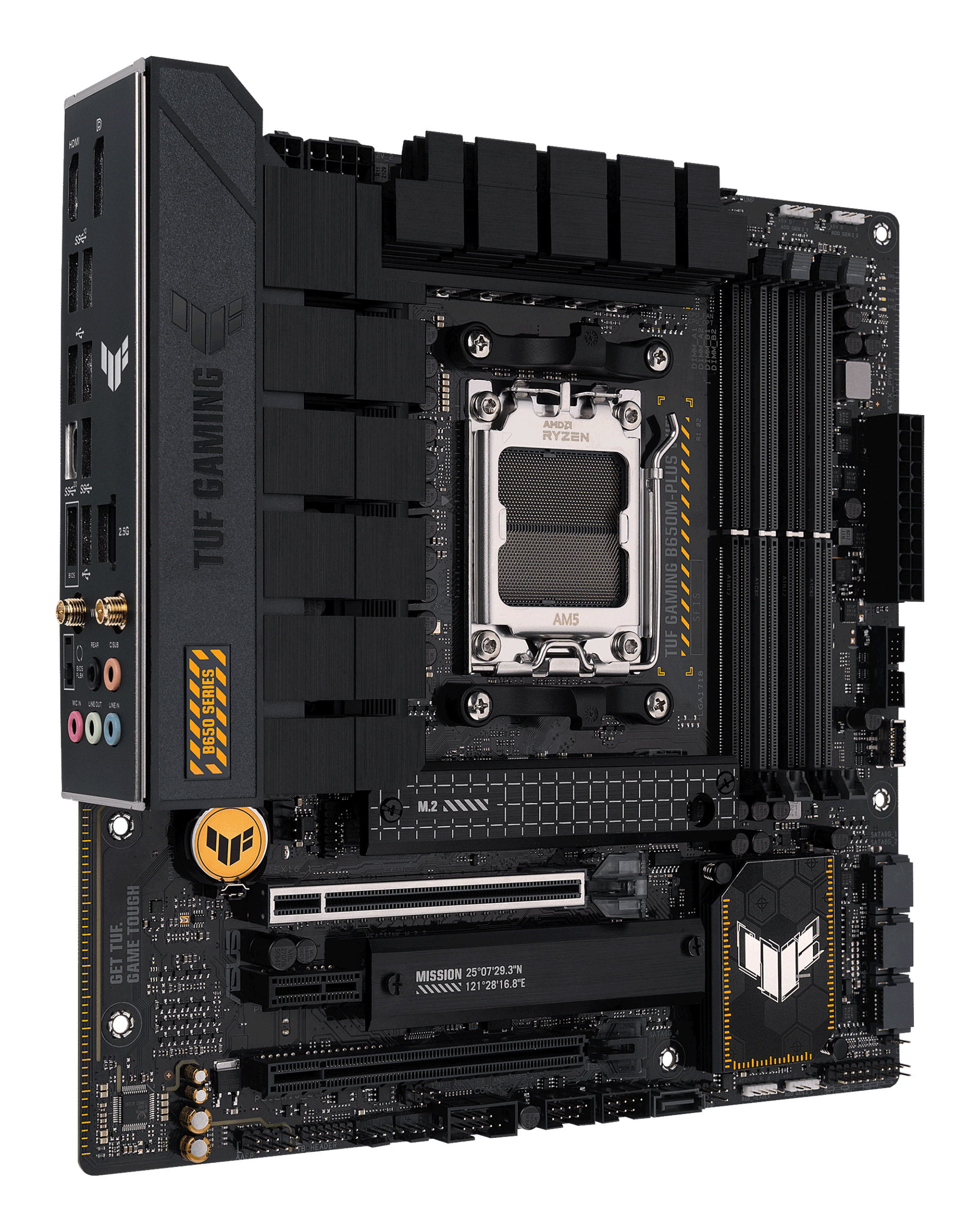 Schwarzes und graues Computer-Motherboard mit verschiedenen Anschlüssen, Steckplätzen und dem TUF GAMING-Logo.