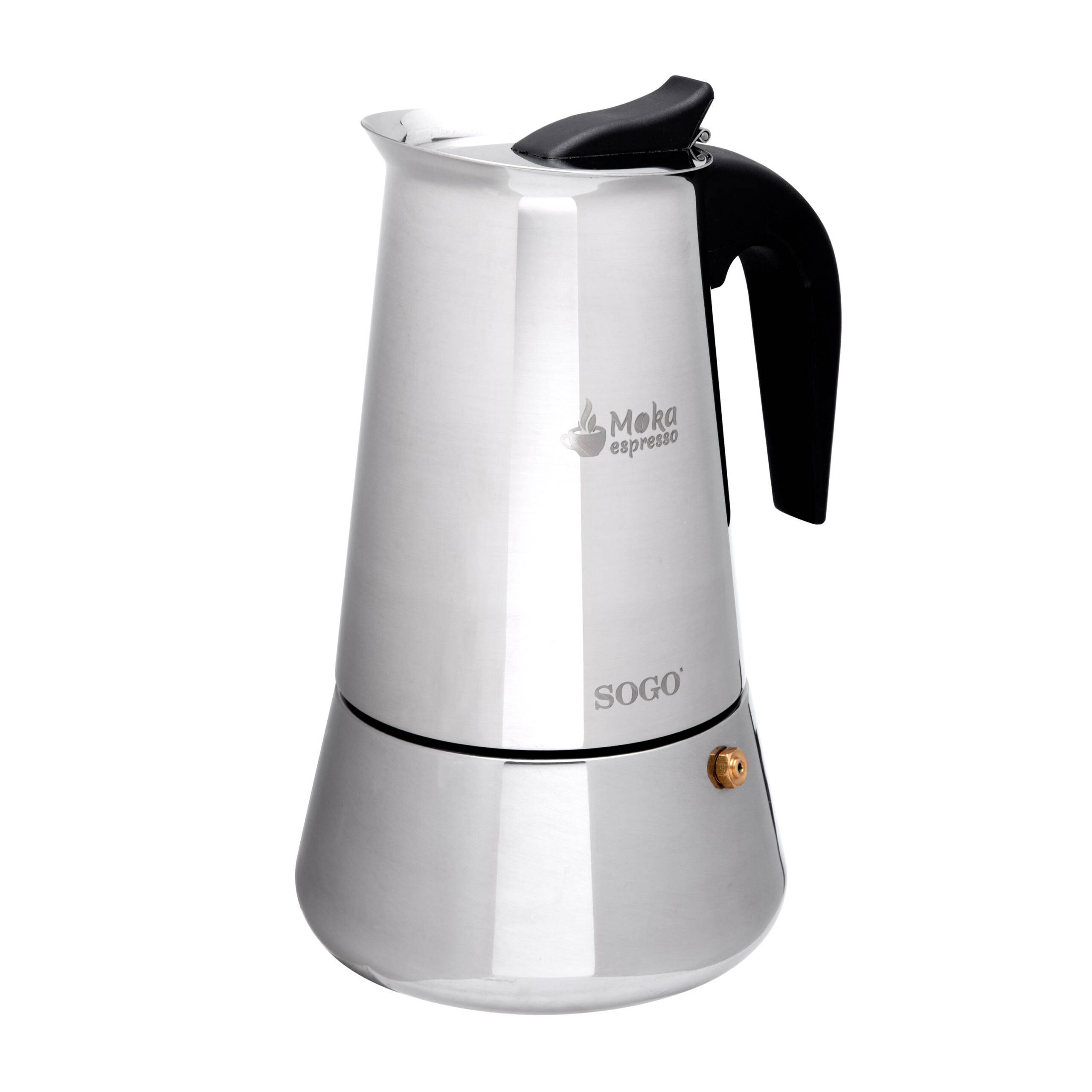 Una cafetera Moka de acero inoxidable con un mango negro. Tiene los logotipos de Moka espresso y SOGO en el lateral.