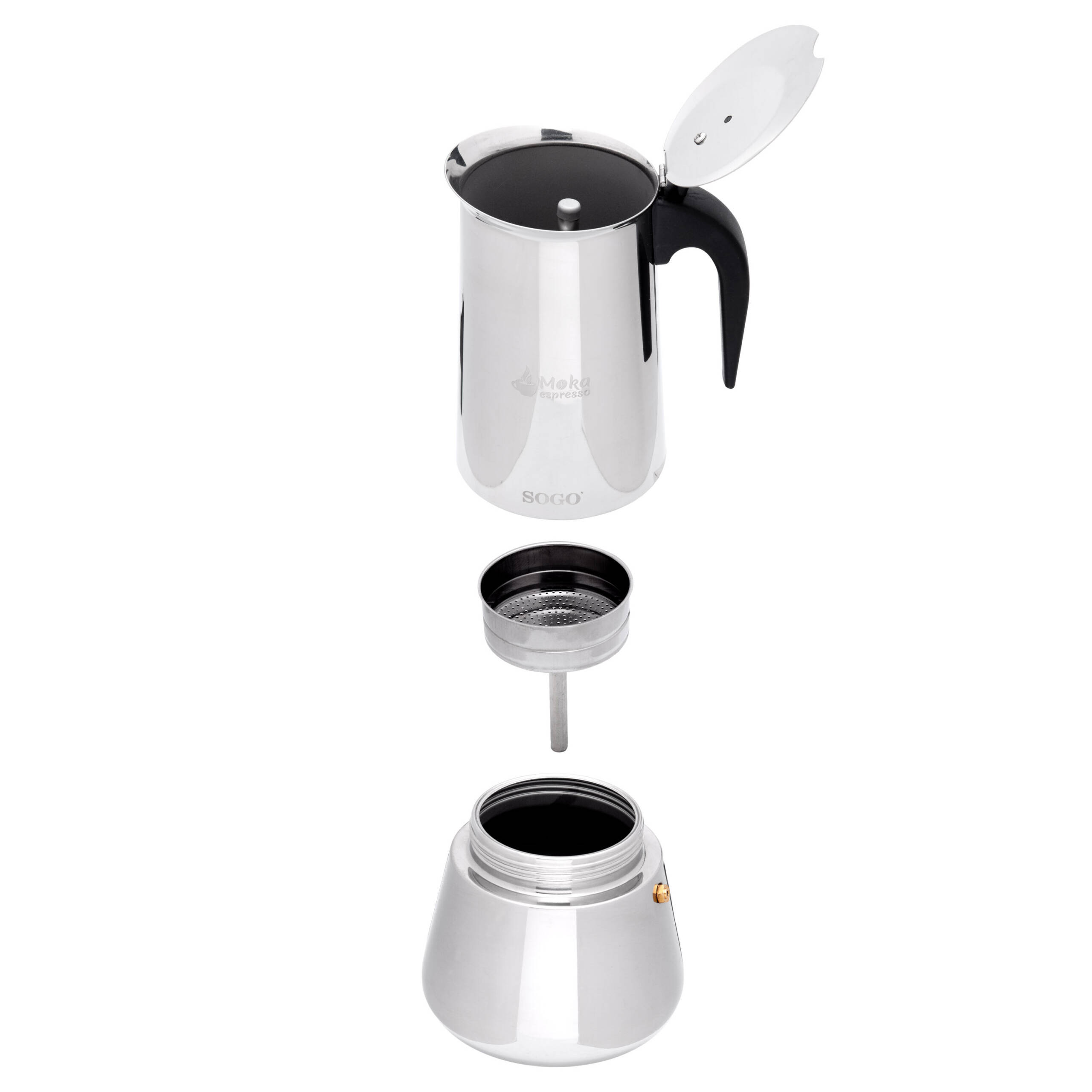 Cafetera espresso de acero inoxidable desmontada. Incluye base, filtro y cámara superior. Mango negro y tapa abierta.