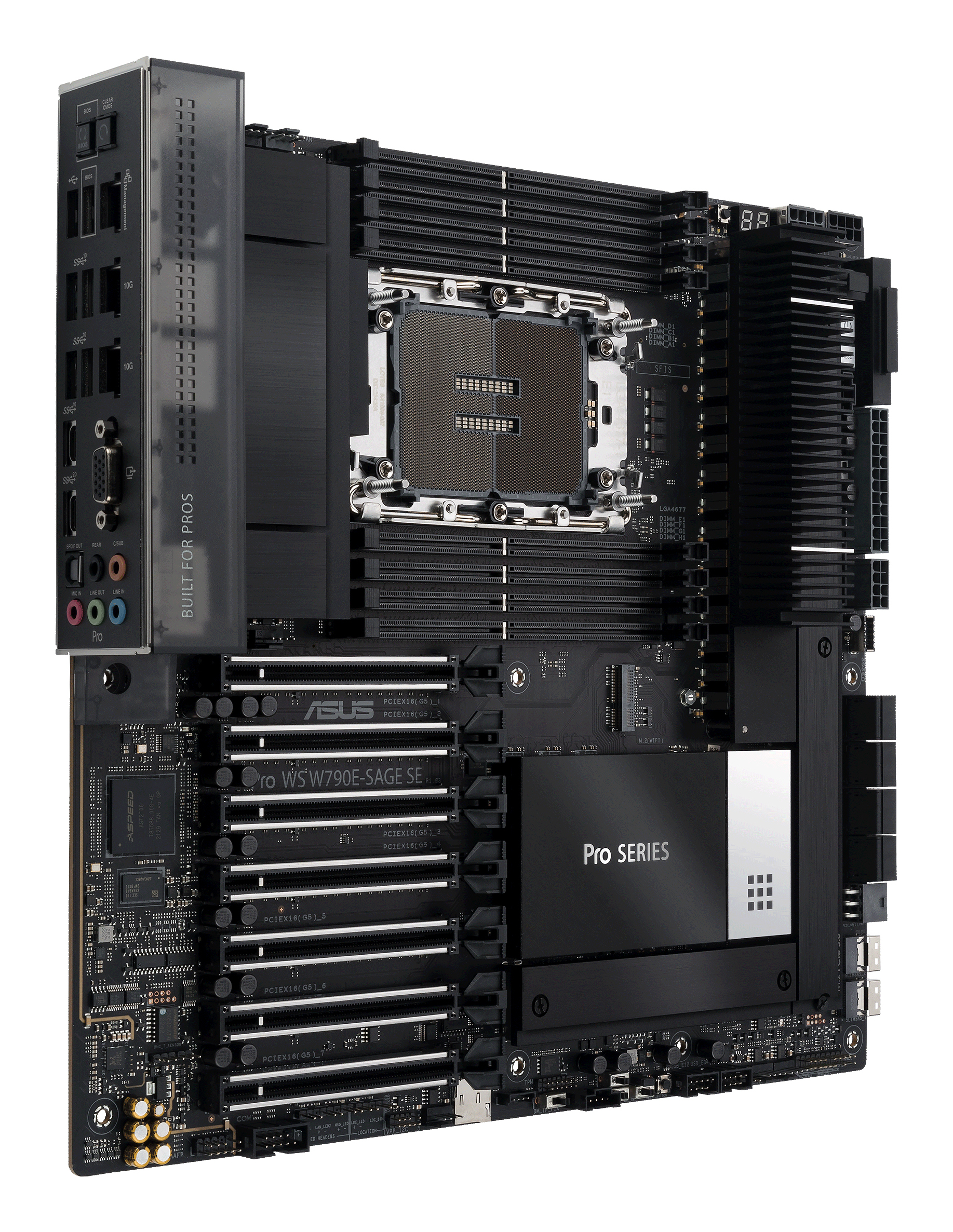 Czarna płyta główna komputera, widoczne komponenty. Zawiera gniazdo CPU, sloty i złącza. Widoczne 'Pro Series'.