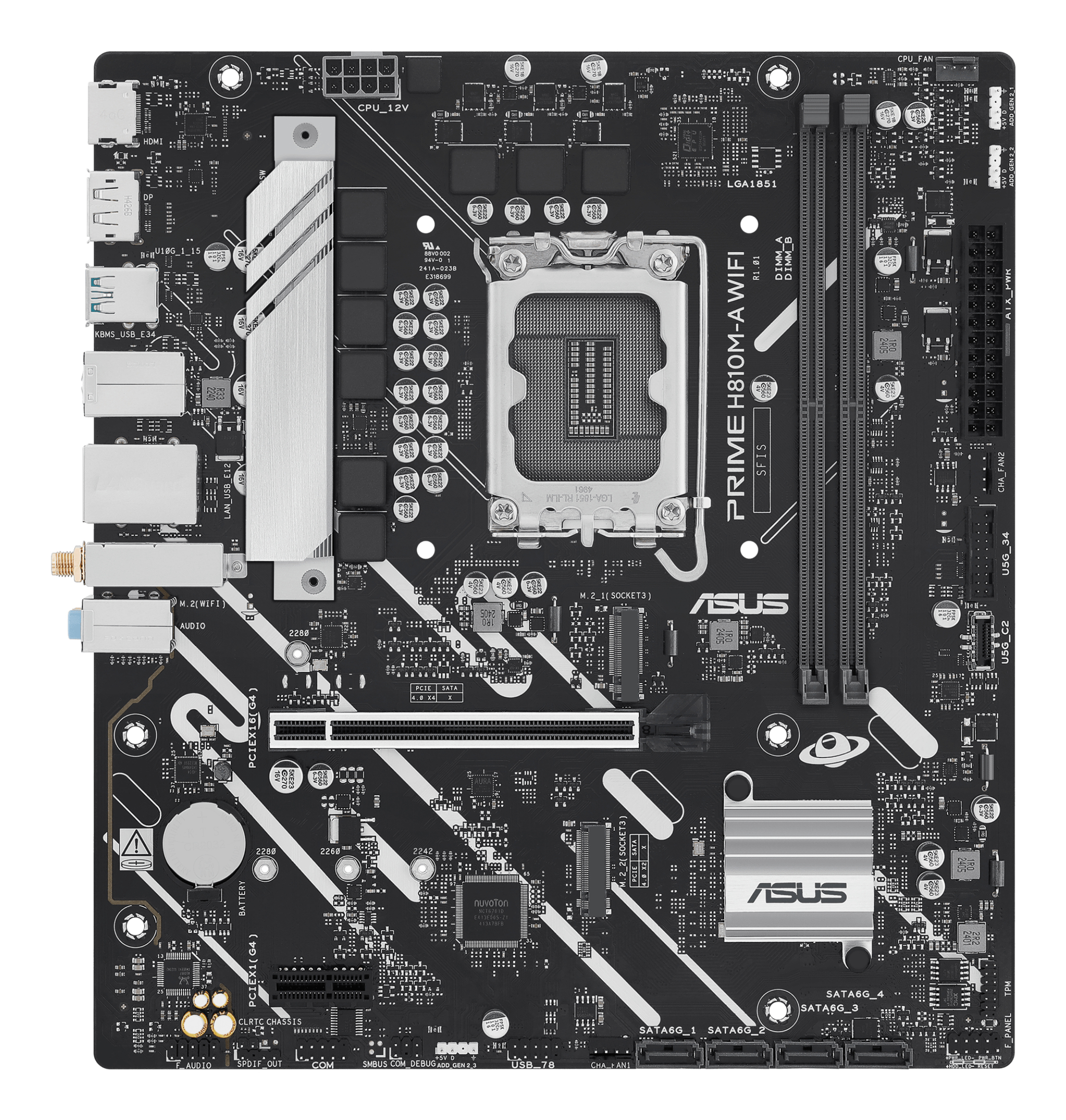 Carte mère PC noire avec divers composants : socket CPU, slots RAM, ports et logo ASUS.