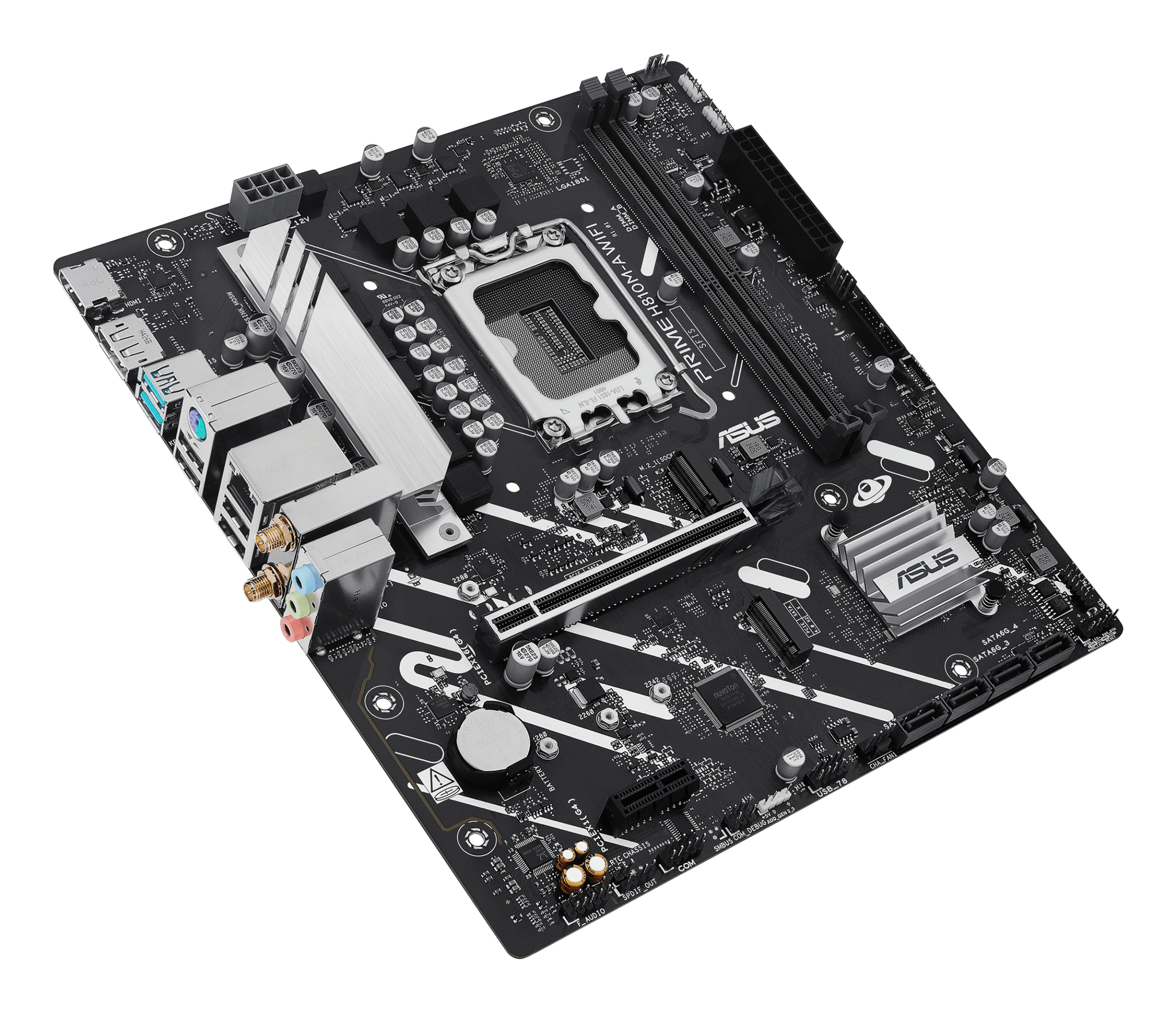 Carte mère noire ASUS PRIME H810M-A WIFI. Radiateurs argentés et divers connecteurs sur fond blanc.