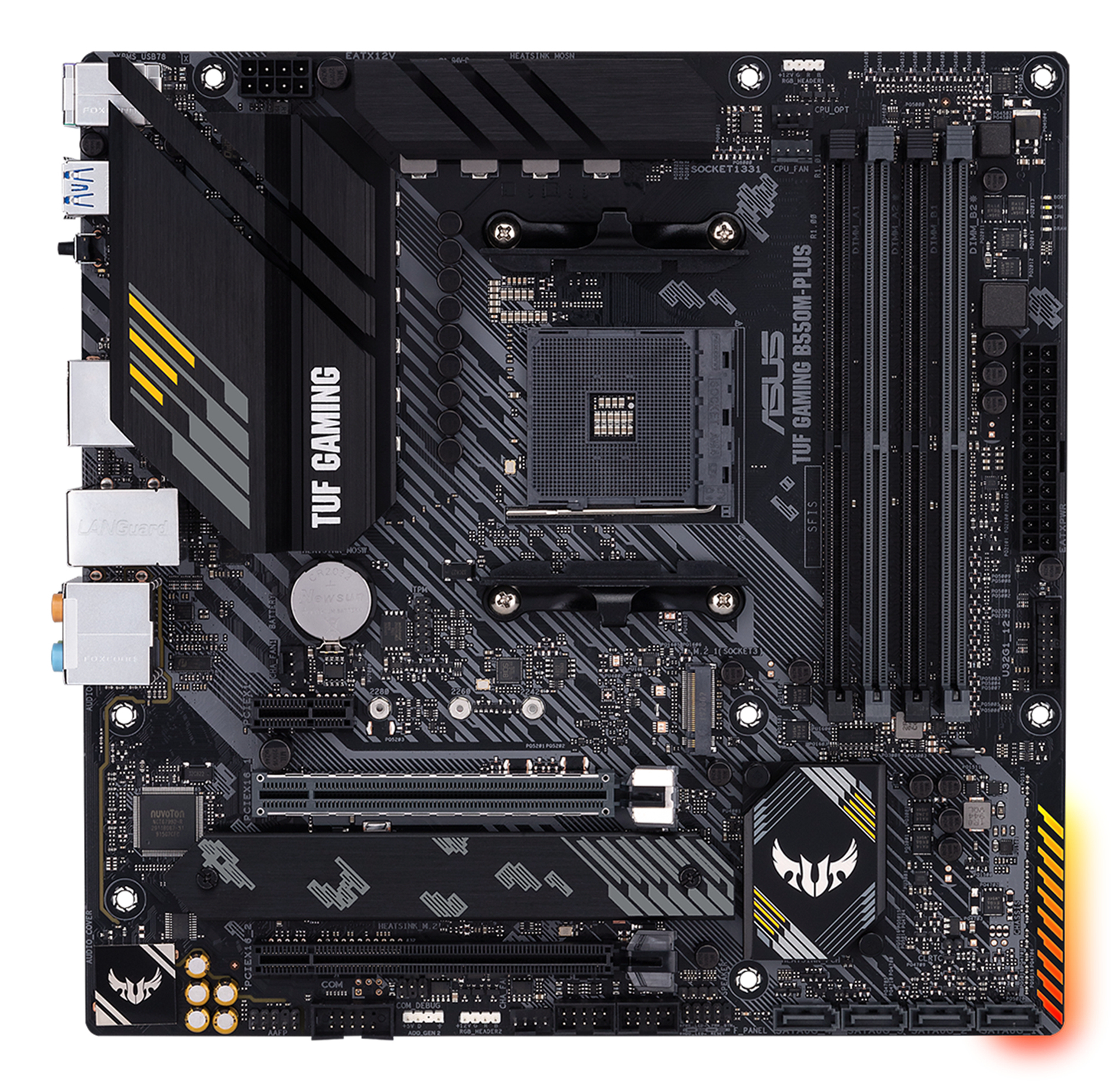 Schwarzes ASUS TUF GAMING B550M-PLUS-Motherboard. Es hat verschiedene Steckplätze, Anschlüsse und das TUF GAMING-Logo.