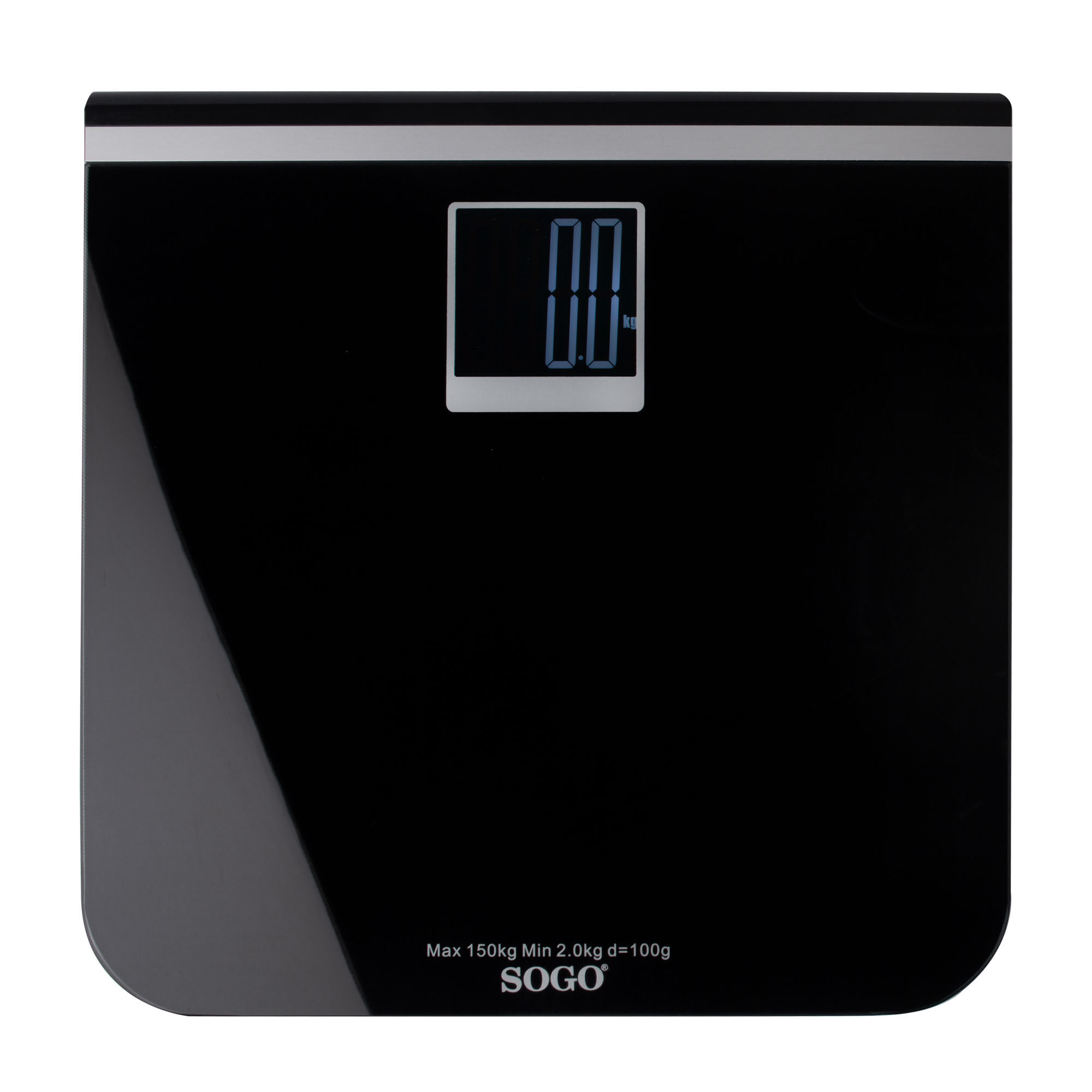 Una bilancia da bagno digitale nera con display digitale che mostra 0,0 kg. Linea argentata in alto. Il marchio è SOGO.