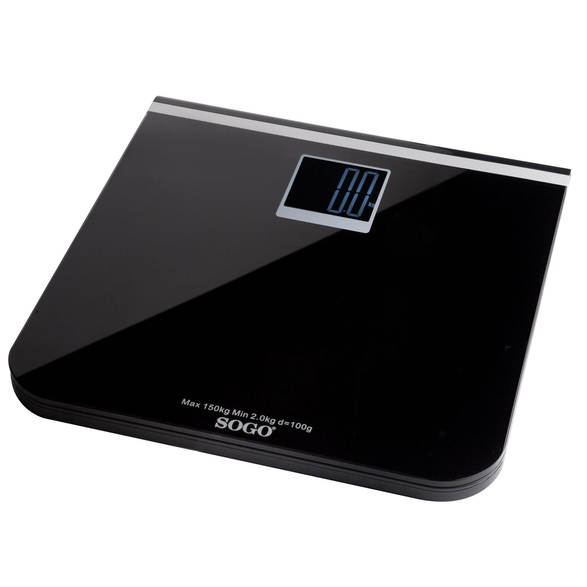 Una bilancia da bagno digitale nera con display digitale 0,0. Il marchio SOGO è visibile.