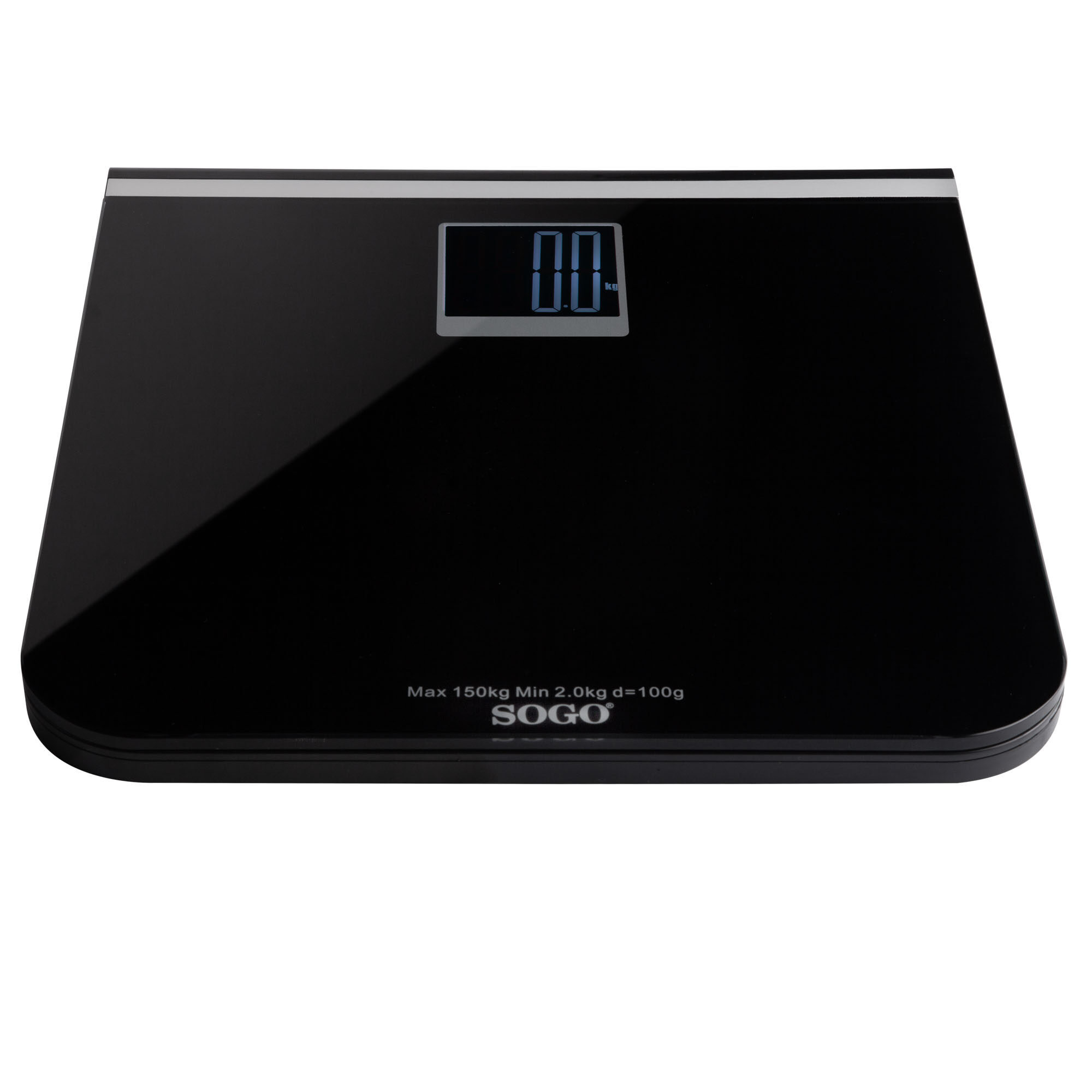 Una bilancia da bagno digitale nera mostra 0,0 kg. Ha forma rettangolare e il marchio è SOGO. Lo sfondo è bianco.