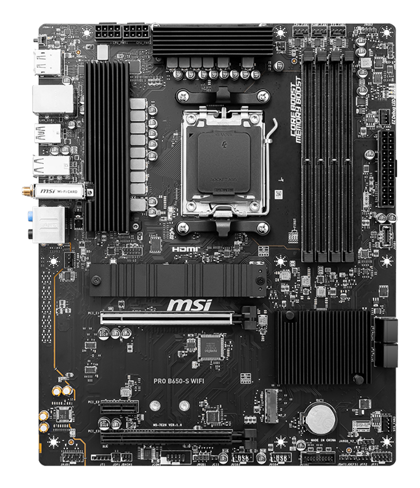 A black MSI PRO B650-S WIFI motherboard. Key components include a CPU socket, RAM slots, and various connectors. The board is densely populated.