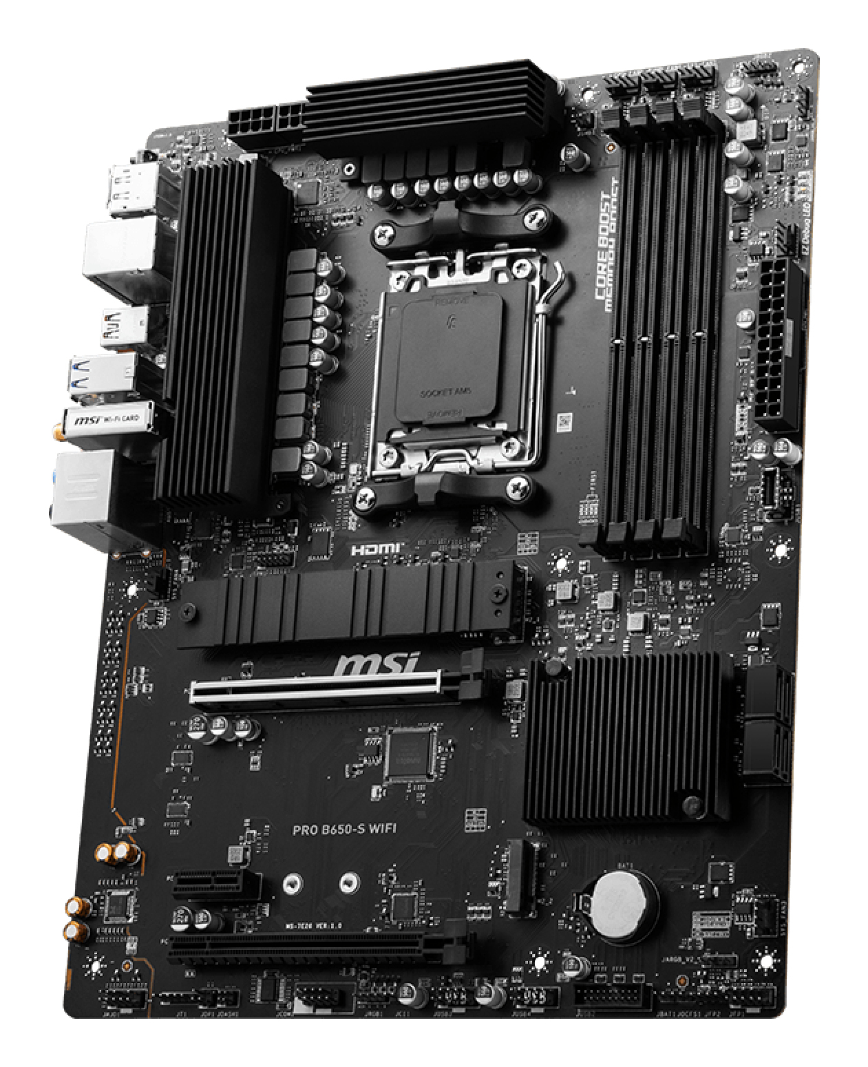 A black MSI B650-S WIFI motherboard with various components, including heatsinks, slots, and connectors. MSI logo is visible.