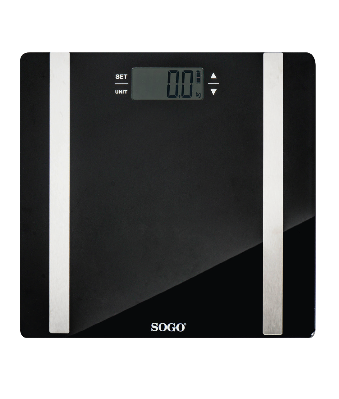 Czarna cyfrowa waga łazienkowa z wyświetlaczem '0,0 kg'. Z logo Sogo i białymi pionowymi paskami.