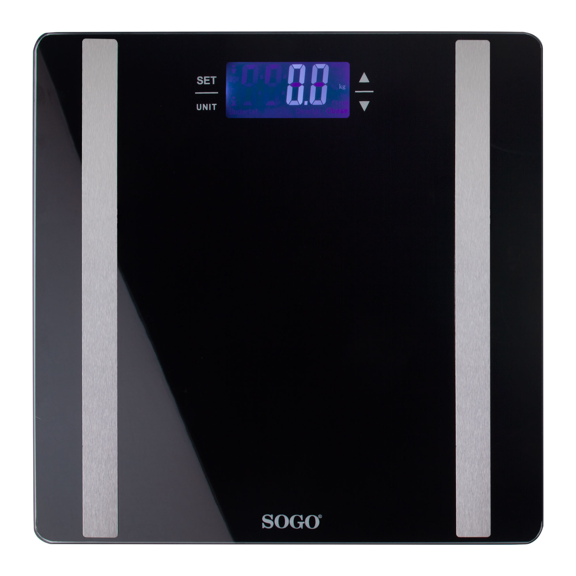 Czarna cyfrowa waga łazienkowa ze srebrnym obramowaniem i wyświetlaczem 0,0 kg. Marka to SOGO.